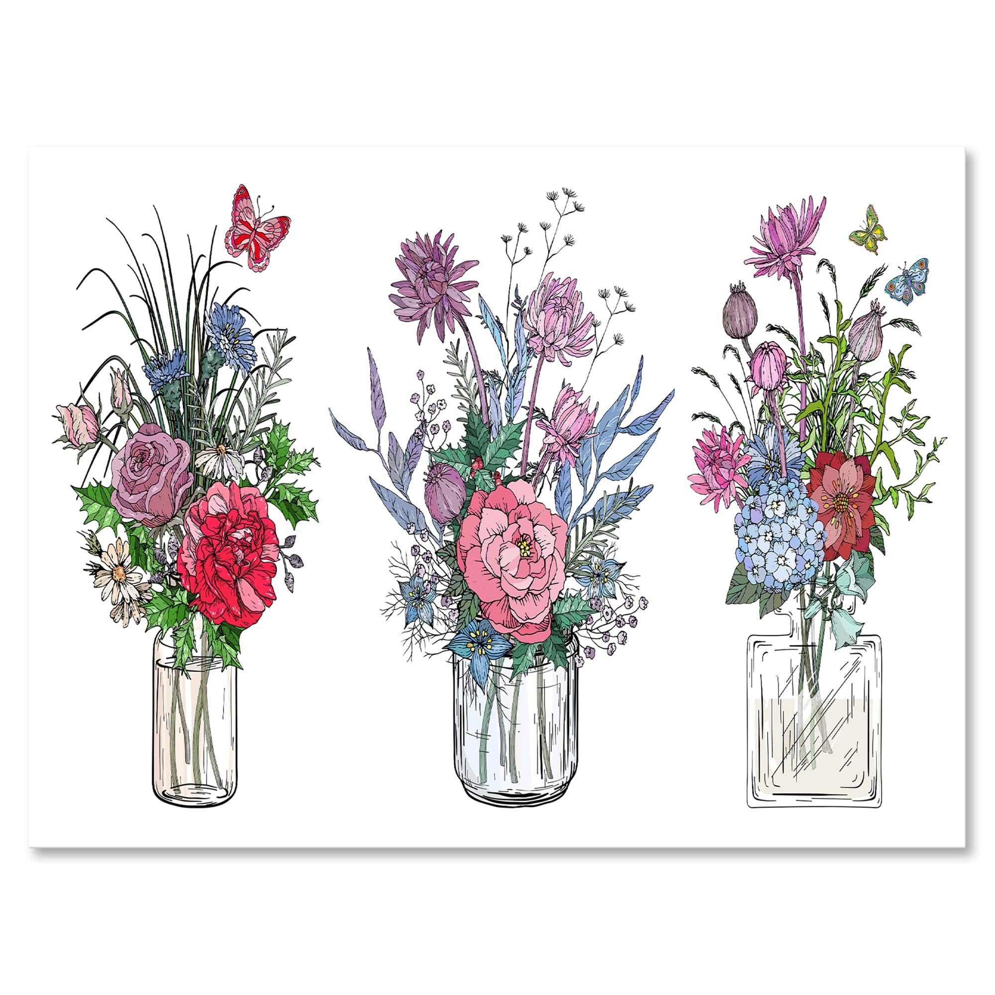 Farmhouse Wildflower Bouquets in Transparent Vases Canvas Wall Art - Perfect for Living Room, Bedroom & Office Decor