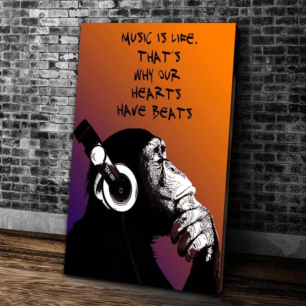 Funny Thinking Monkey with Headphones Canvas Wall Art Print - Unique Home Decor Gift for Birthday, Christmas & Anniversary - Perfect for Living Room, Bedroom & Office (Multi 7)