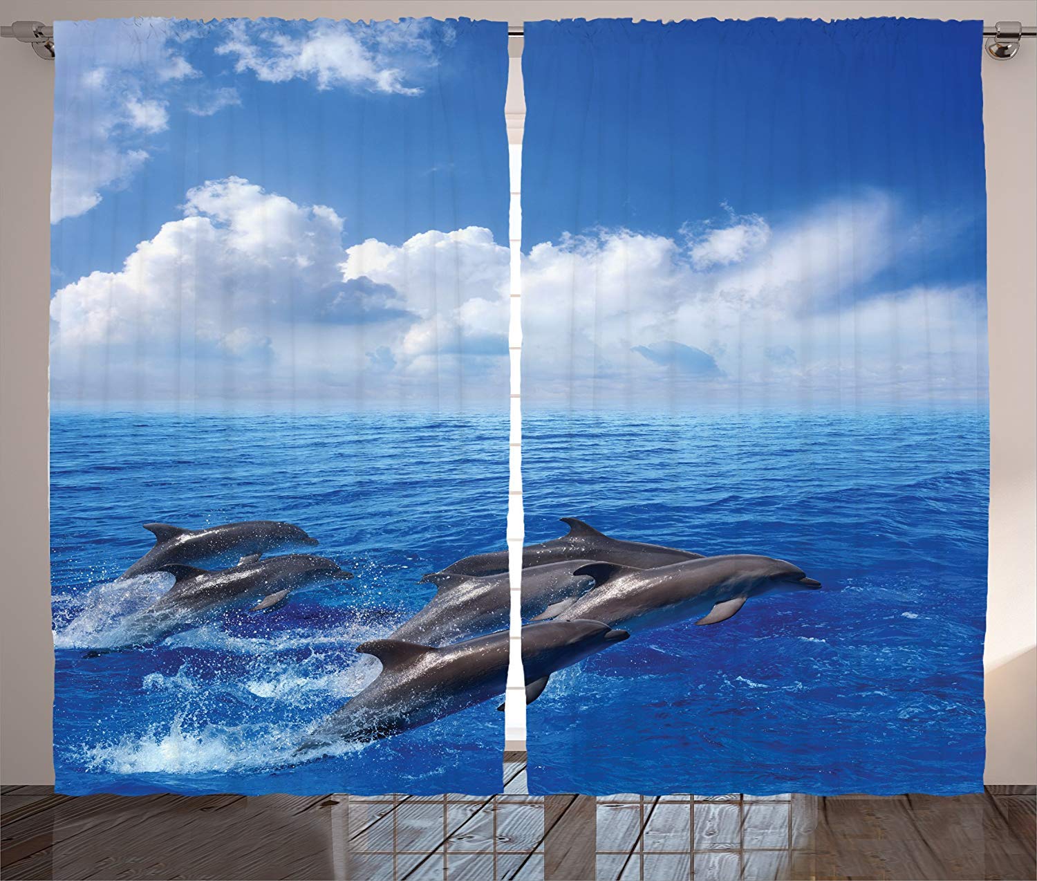 Sea Animal Print Blackout Curtains - Dolphin Jumping in Ocean with Fluffy Clouds, Marine Life Photography for Bedroom & Kitchen Decor - 104