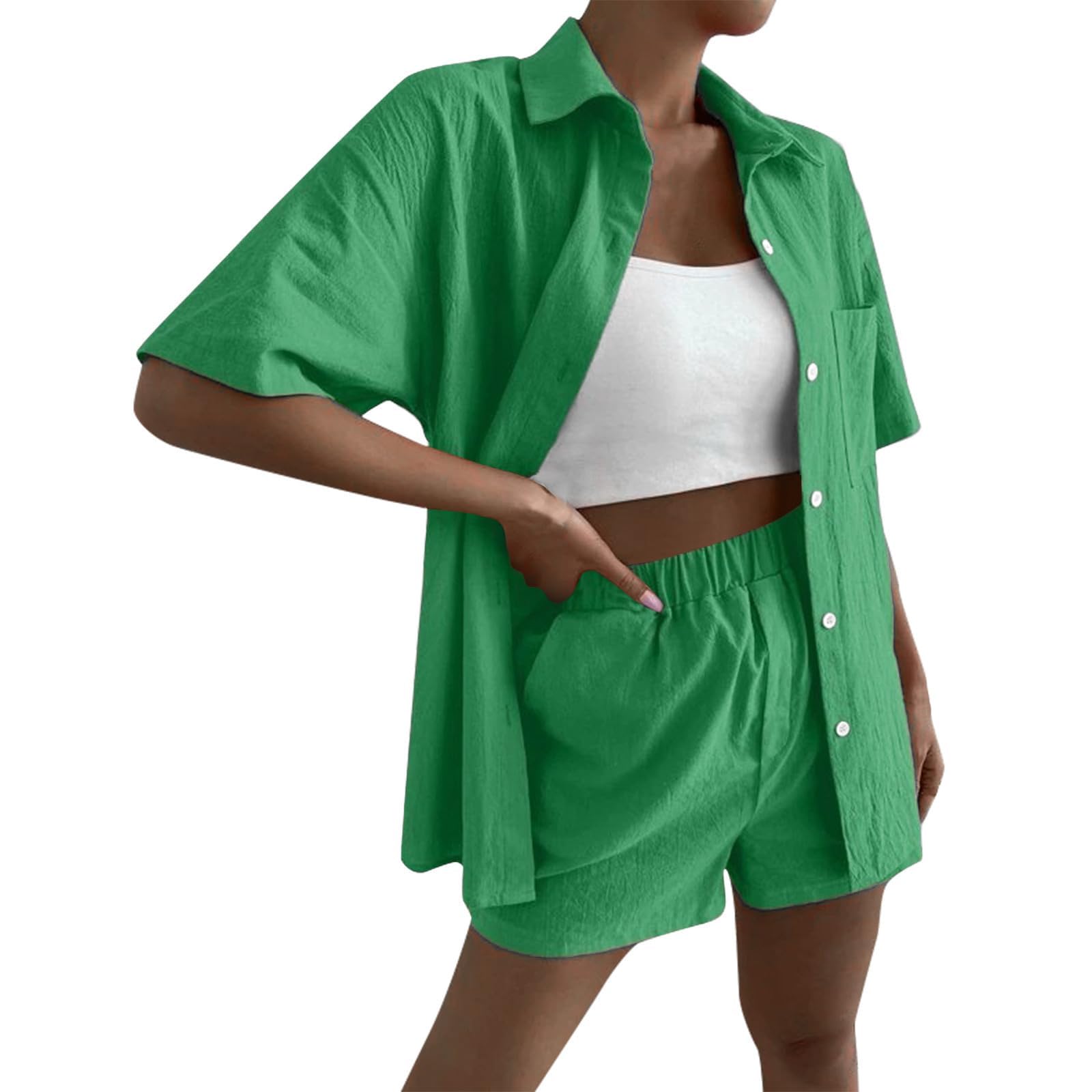 Women's 2-Piece Cotton Linen Outfit Set - Button Down Shirt with Shorts | Comfortable Lounge Wear, Beach Vacation & Travel Clothes for Summer