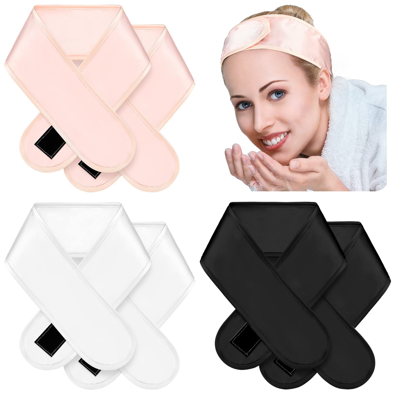 Janinka 6 Pack Silk Satin Hair Wraps for Women - Soft Headbands for Sleeping, Yoga, Skincare, Shower & Spa | Lightweight Hair Accessories in Pink, Black & White | Perfect for Beauty Routines & Relaxation