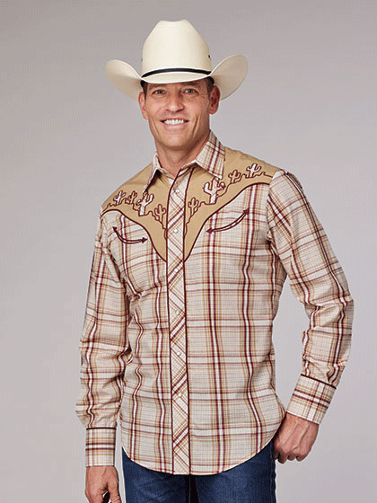 Roper Men's Long Sleeve Plaid Western Shirt in Tan - Classic Cowboy Style for Ranch Work, Rodeo & Casual Wear (01 001 0024 4060)