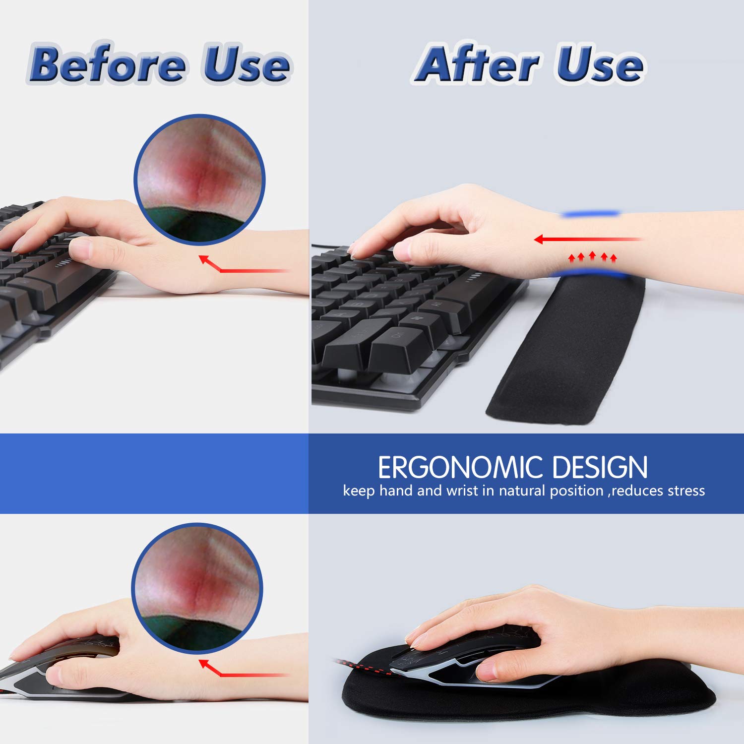 Ergonomic Mouse Pad with Gel Wrist Rest Support - Non-Slip PU Base Gaming Mouse Pad Set for Computer, Laptop, Home & Office Use - Perfect for Work, Gaming and Travel (Black)