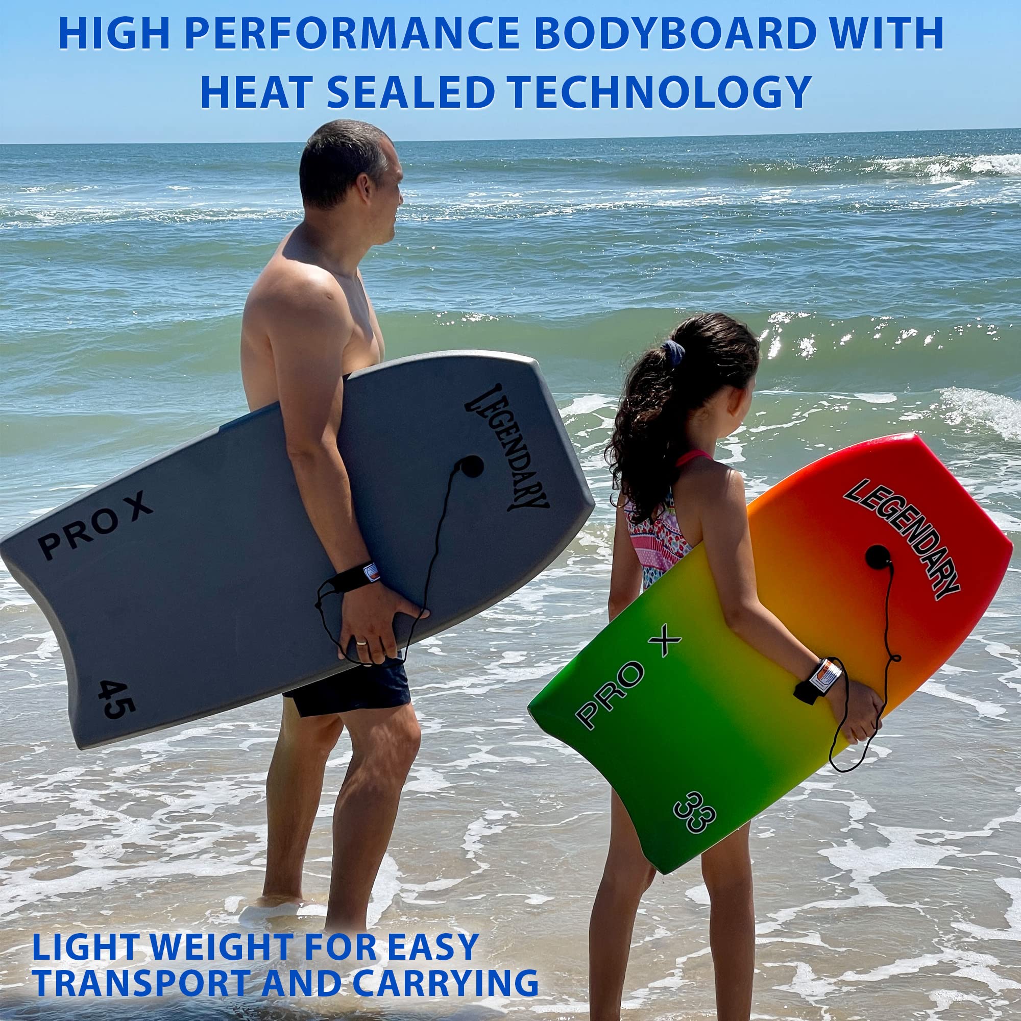 Legendary Pro X Bodyboard - Premium Hard Slick Bottom Boogie Board for Kids & Adults | Durable EPS Core & Heat Sealed Construction | Includes Leash | Perfect for Beach Waves, Surfing & Water Sports