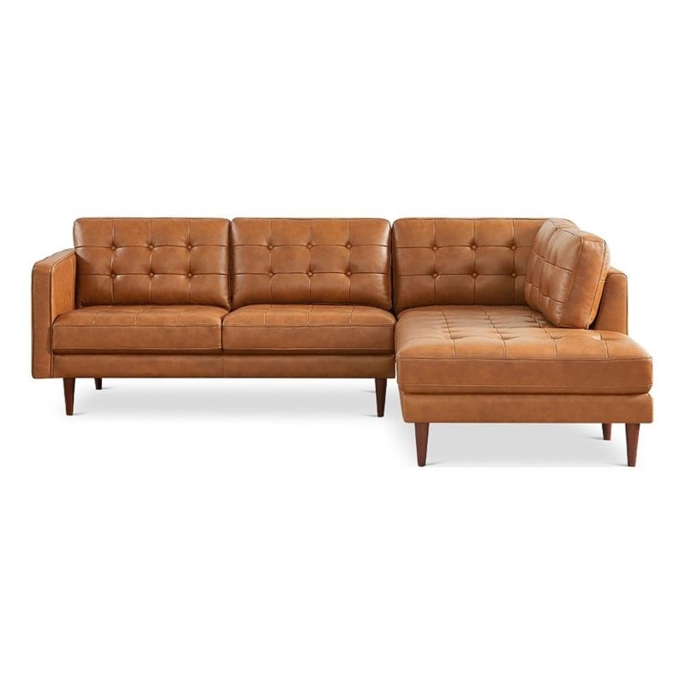 ASHCROFT Lucille Modern Leather Corner Sectional Sofa - Cognac Tan Brown - Contemporary Living Room Furniture for Small Spaces & Family Gatherings