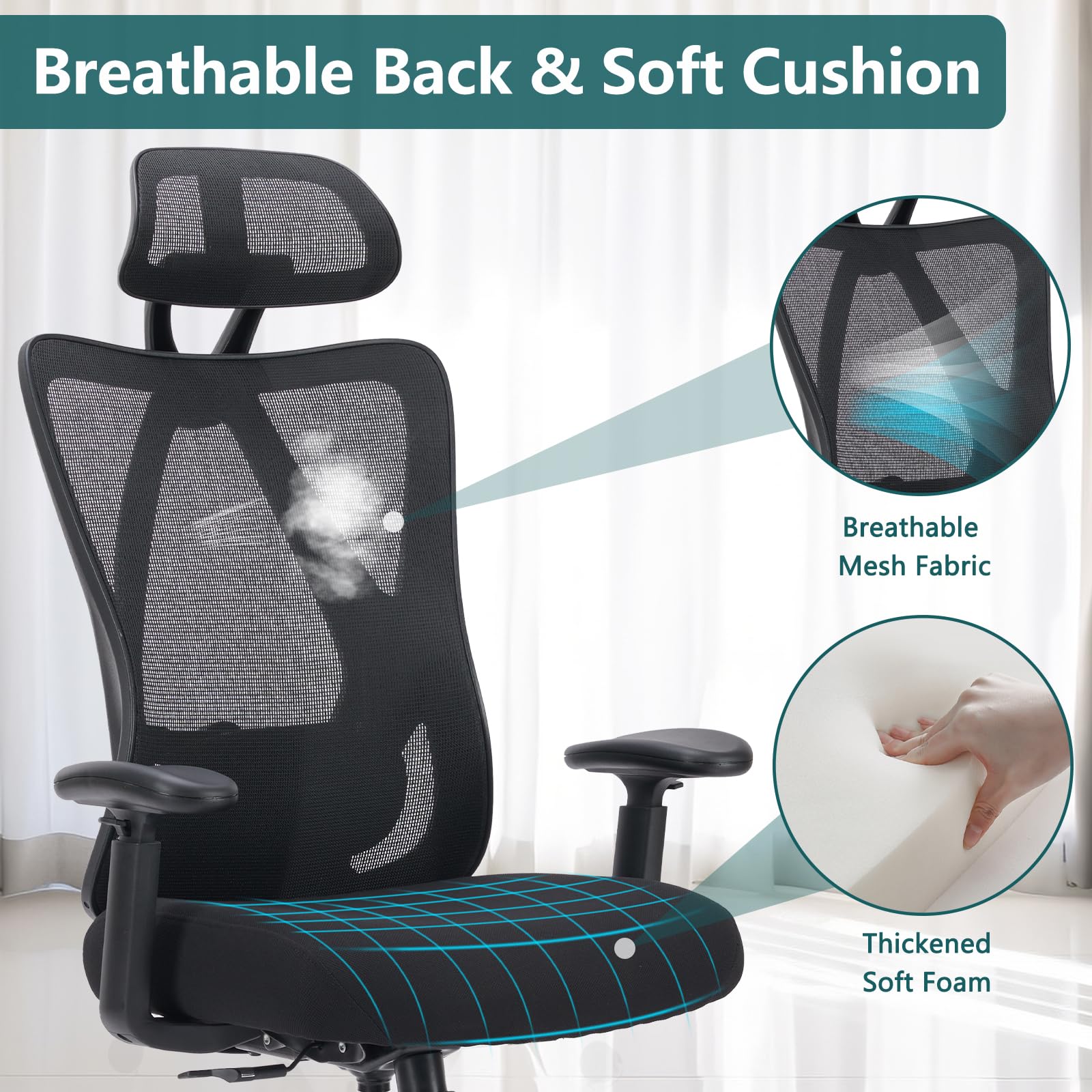 Ergonomic Office Chair with Adjustable Lumbar Support - High Back Rolling Swivel Desk Chair for Home & Work, 2D Armrests, 135° Tilt Function, Headrest - Perfect for Long Hours Computer Work, Gaming & Study (Modern Black)