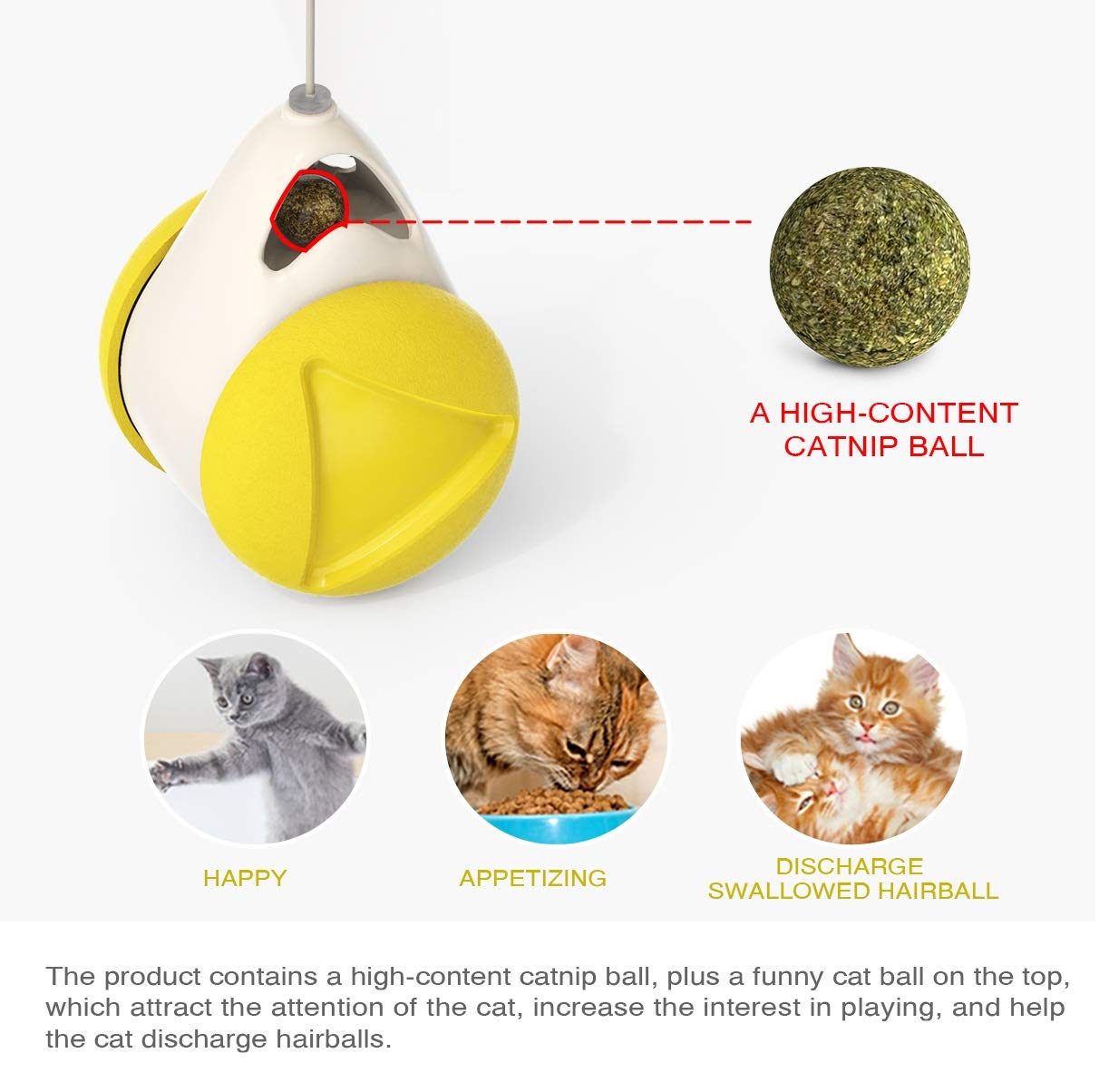 Interactive Catnip Ball Toy for Indoor Cats - 360° Self-Rotating Chaser & Balance Swing Car Toy (Yellow) | Fun Exercise & Stress Relief for Kittens & Adult Cats