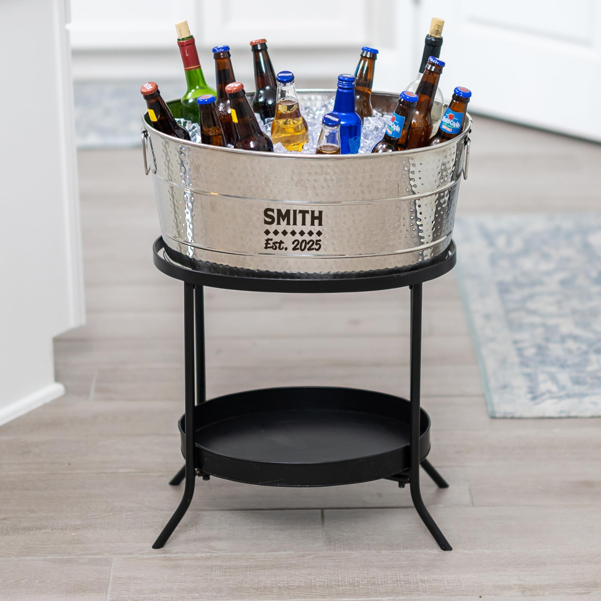 BREKX Personalized Aspen Hammered Stainless-Steel Beverage Tub - 25-Quart Leak & Rust Proof Drink Cooler with Metal Stand - Perfect for Parties, Weddings, and Outdoor Events