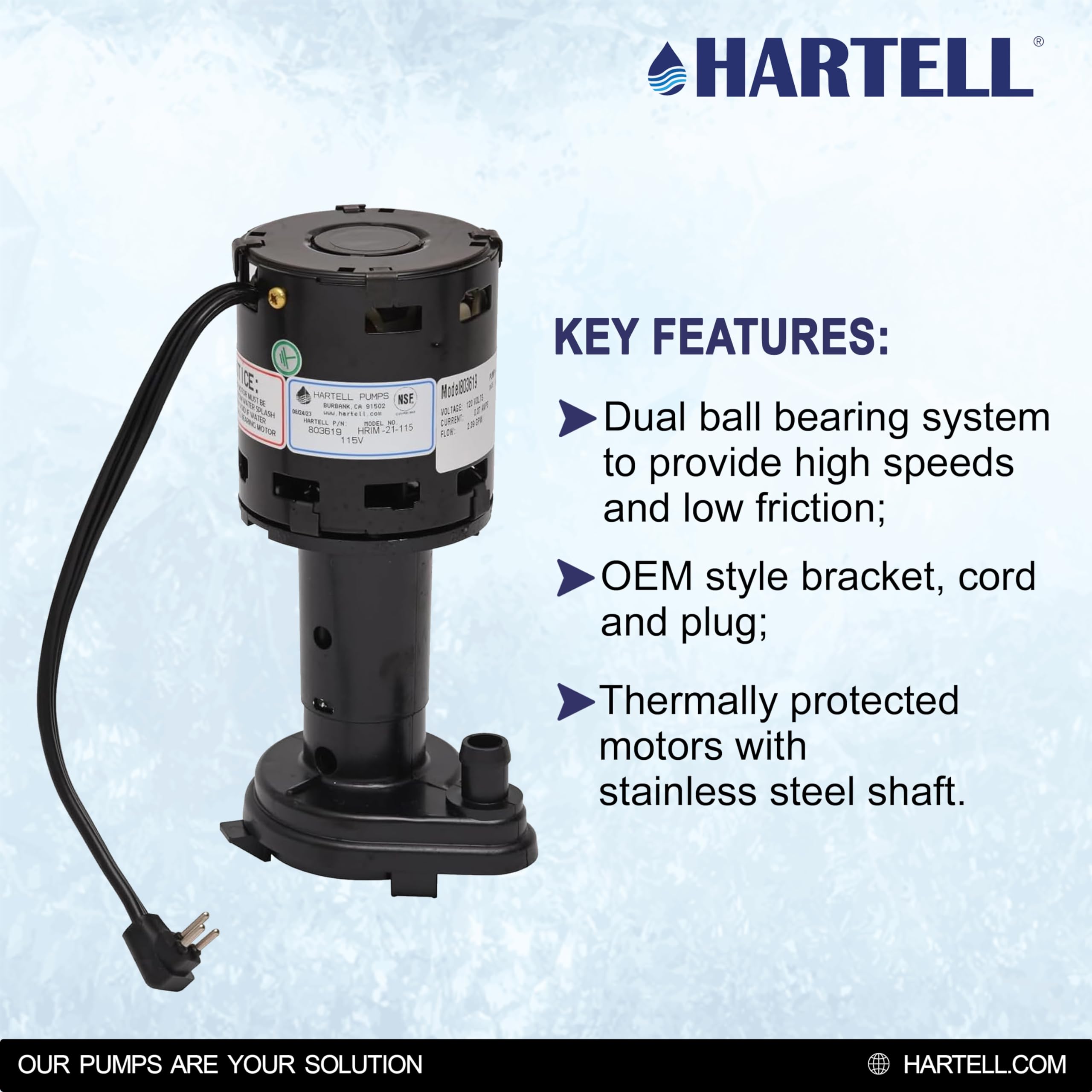 HARTELL HRIM-21-115 Replacement Ice Machine Pump - Compatible with GPP-1MH-1P & 9161076-01 - Perfect for Commercial Ice Makers & Refrigeration Systems