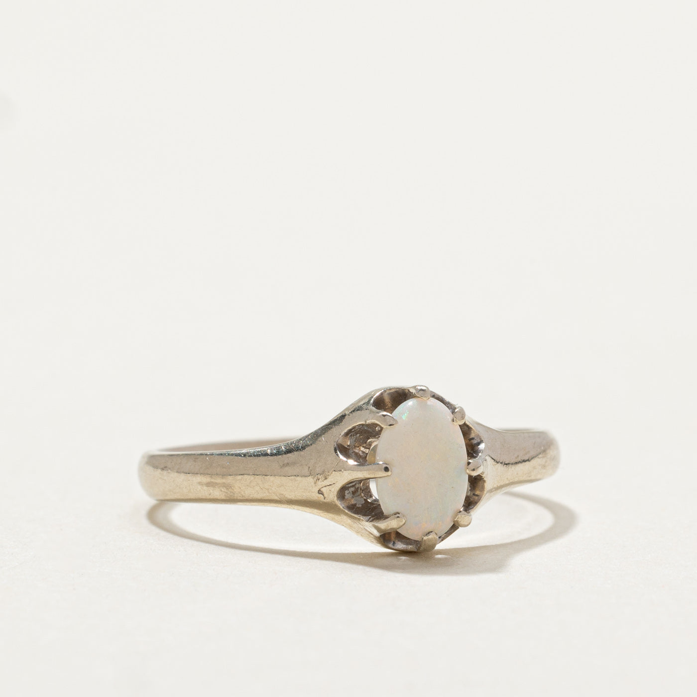 14K White Gold Belcher Set Opal Ring - 0.22ct Natural Opal Gemstone, Size 6.75, Dainty Women's Jewelry for Engagement, Anniversary & Everyday Wear