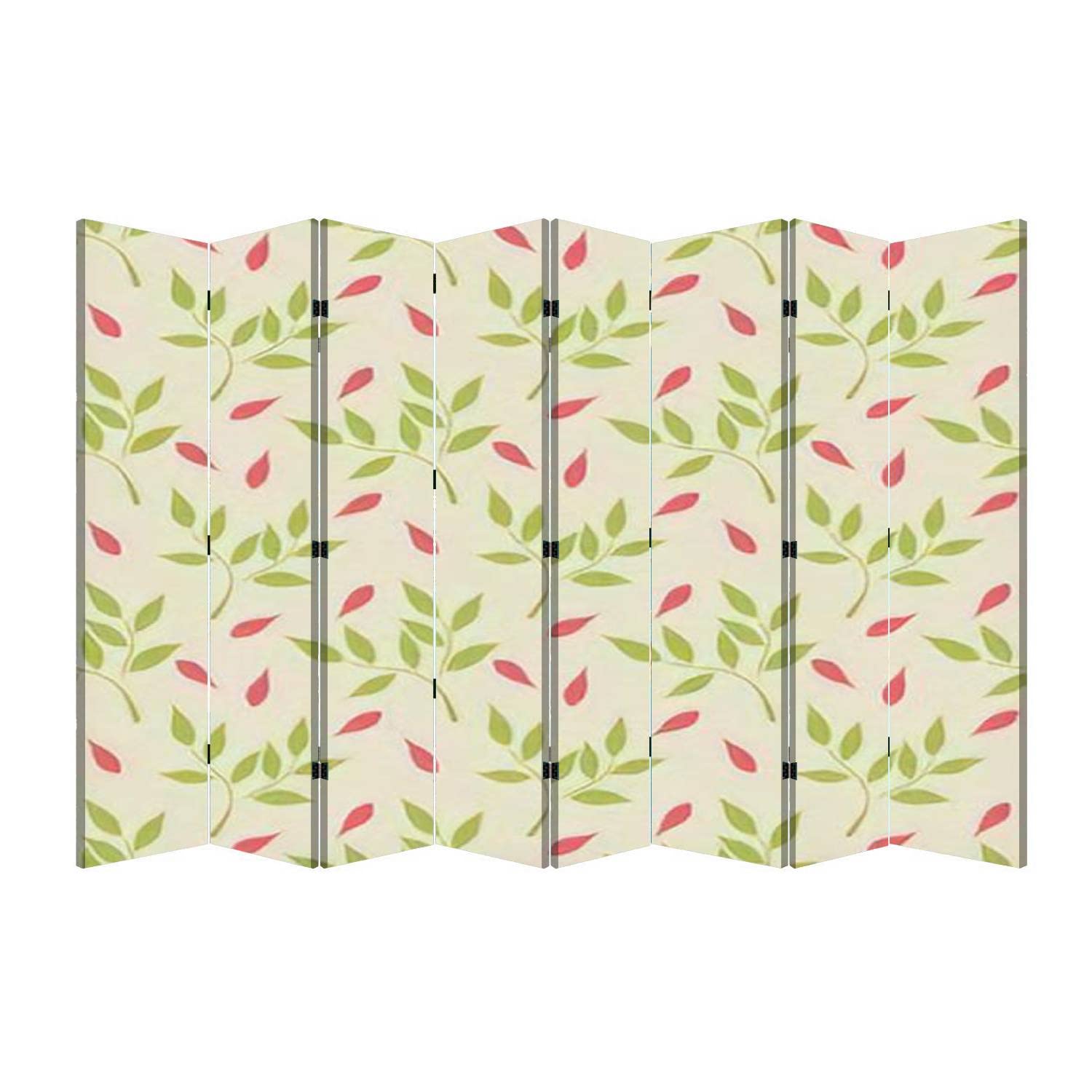 Minimalist Leaf Pattern Room Divider - 8 Panel Folding Privacy Screen in Light Green, Pink & Beige | Canvas Partition for Living Room, Bedroom & Office | Space Separator for Home Decor, Studio & Event Spaces