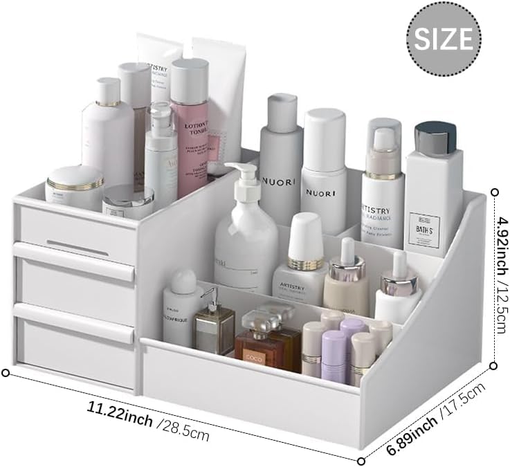 INOVERA 3-Tier Makeup Organizer with Drawers | White Cosmetic Storage Case for Countertop | Vanity Organizer for Lipstick, Brushes & Skincare | Perfect for Bedroom, Bathroom & Dressing Table