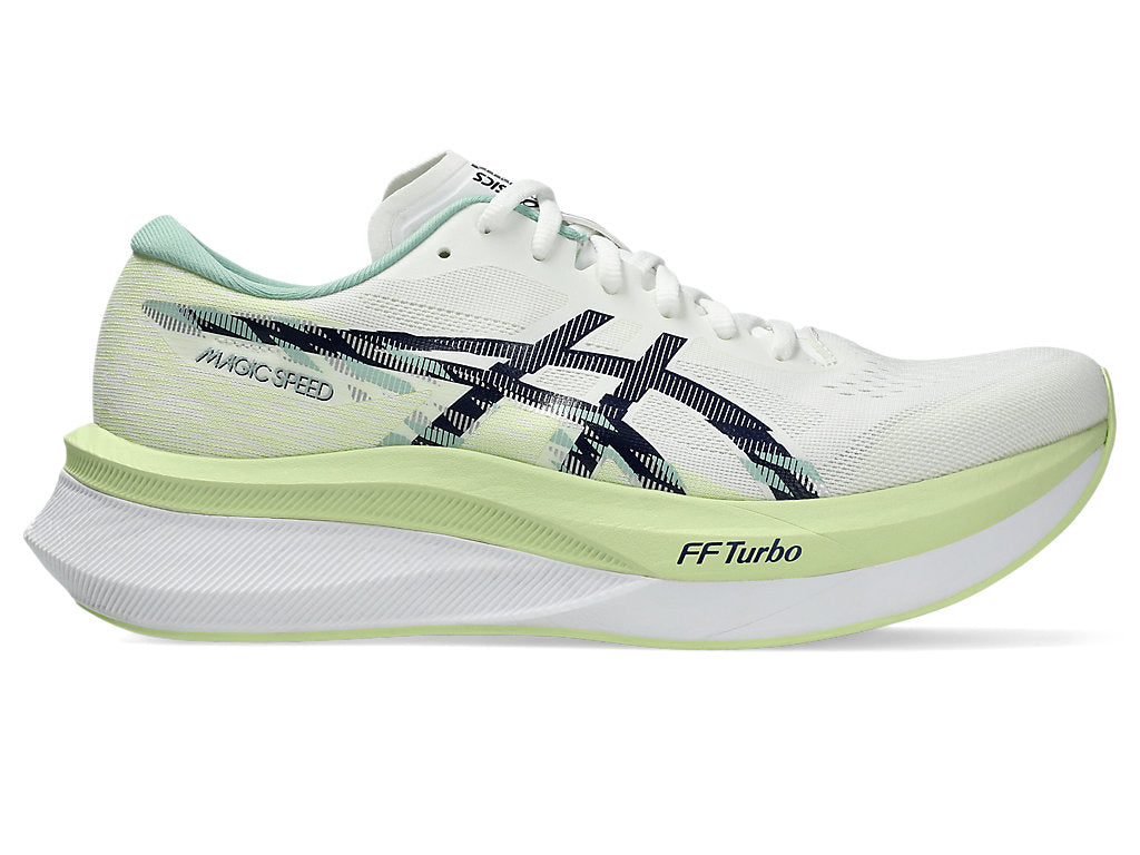 ASICS Magic Speed 4 Running Shoes for Men - White/Blue Expanse (D Width) | Lightweight Performance Sneakers for Marathon Training & Road Running