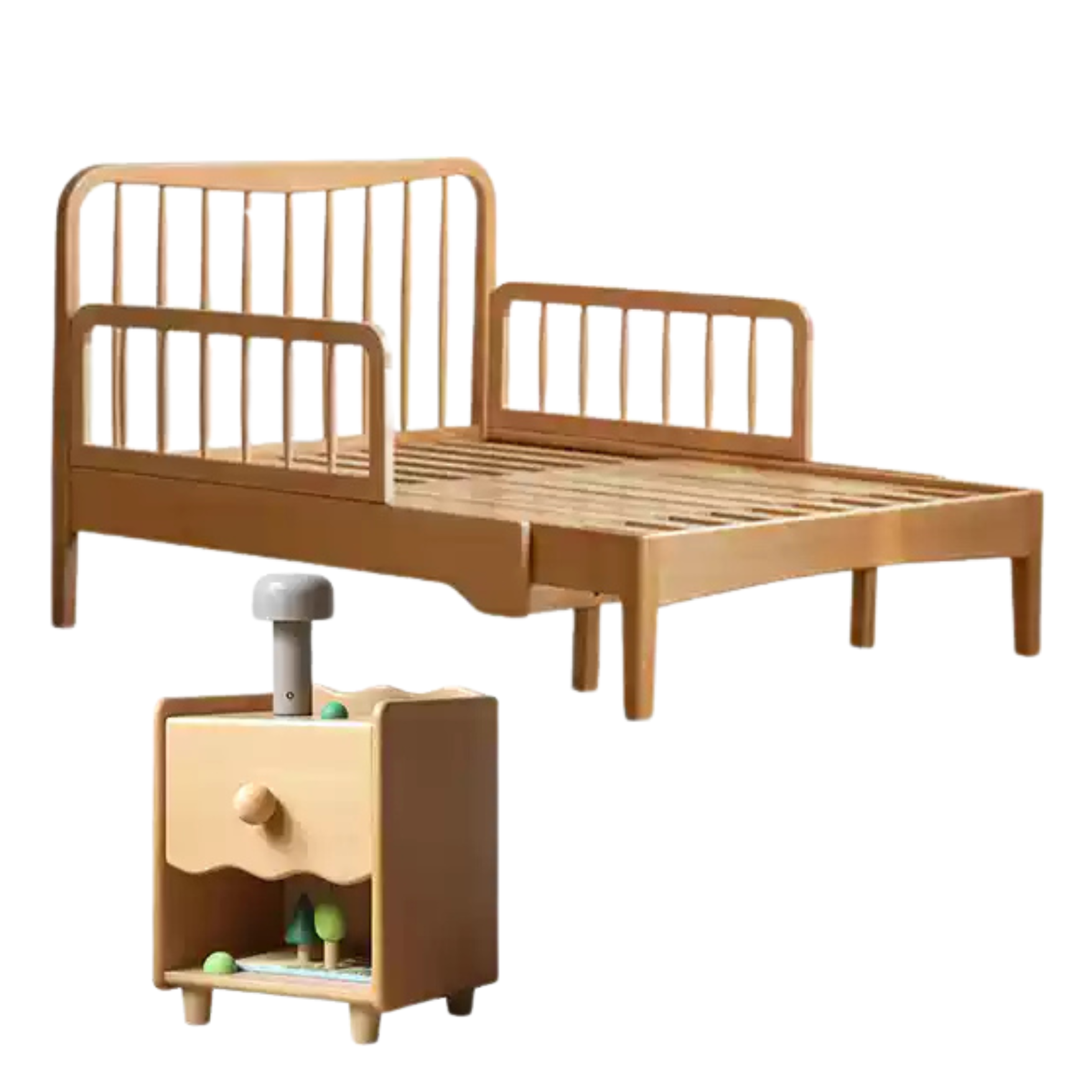 Natural wood color Beech Children's retractable bed + bedside table