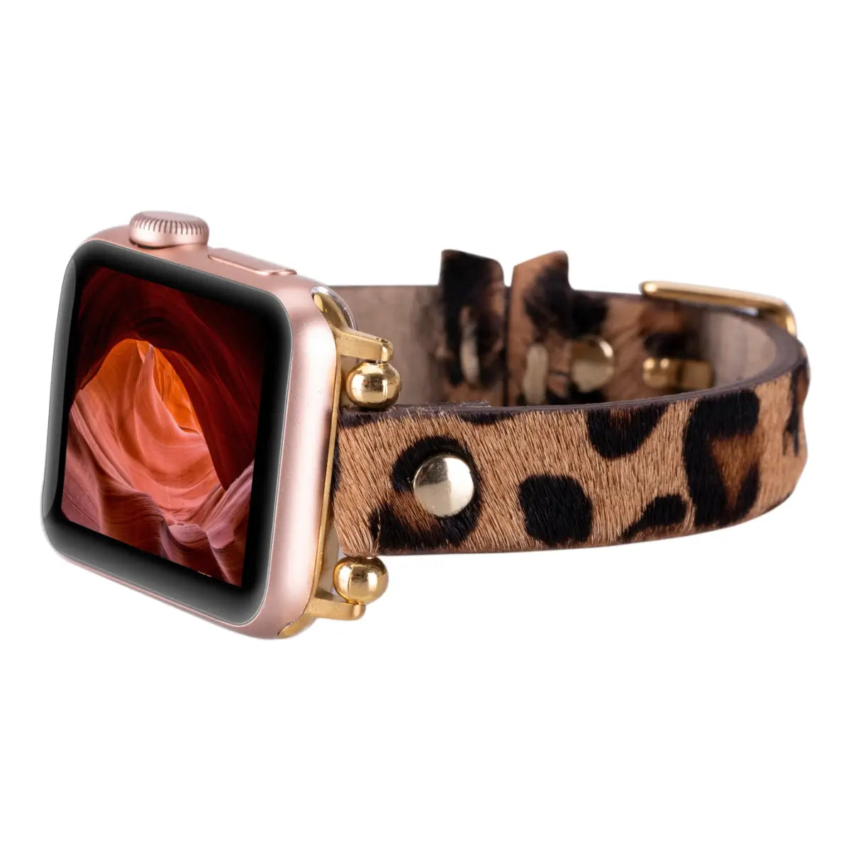 Furry Leopard Print Genuine Leather Ultra Slim Apple Watch Band with Gold Rivets - Stylish & Comfortable for Workouts, Office & Everyday Wear