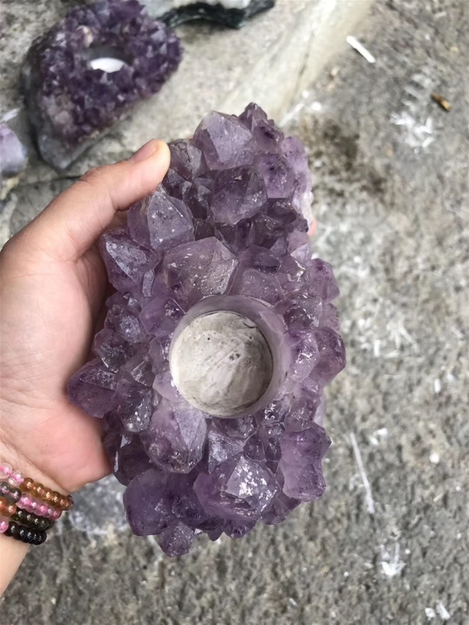 Natural Rough Amethyst Crystal Cluster Candle Holder - Purple Quartz Candlestick for Home Decor, Meditation & Healing | Feng Shui, Yoga Room, Spa, Gift Idea