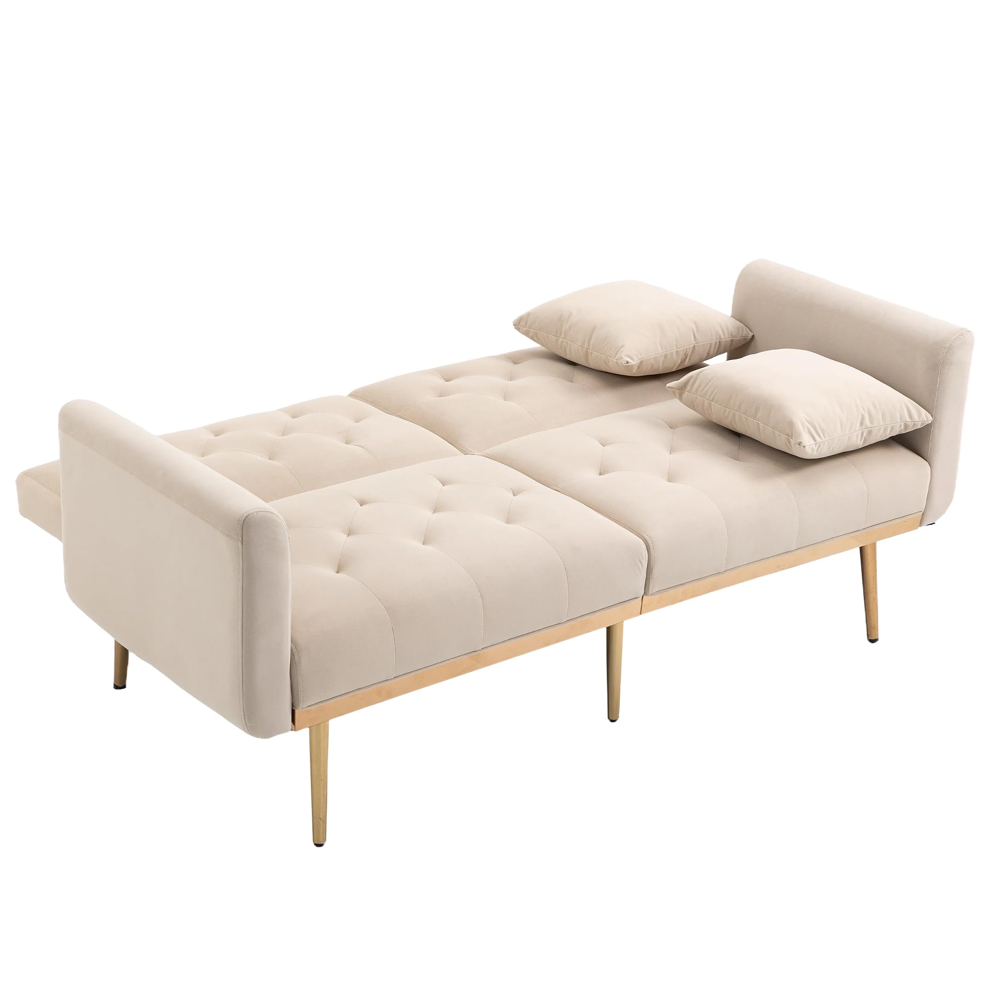 65-inch Velvet Loveseat Sofa Bed - Modern Futon Couch with Rose Gold Metal Legs & 2 Throw Pillows - Upholstered Folding Sofa for Small Spaces, Living Room, Bedroom, Apartment & Guest Room - Perfect for Lounging, Napping & Extra Sleeping Space