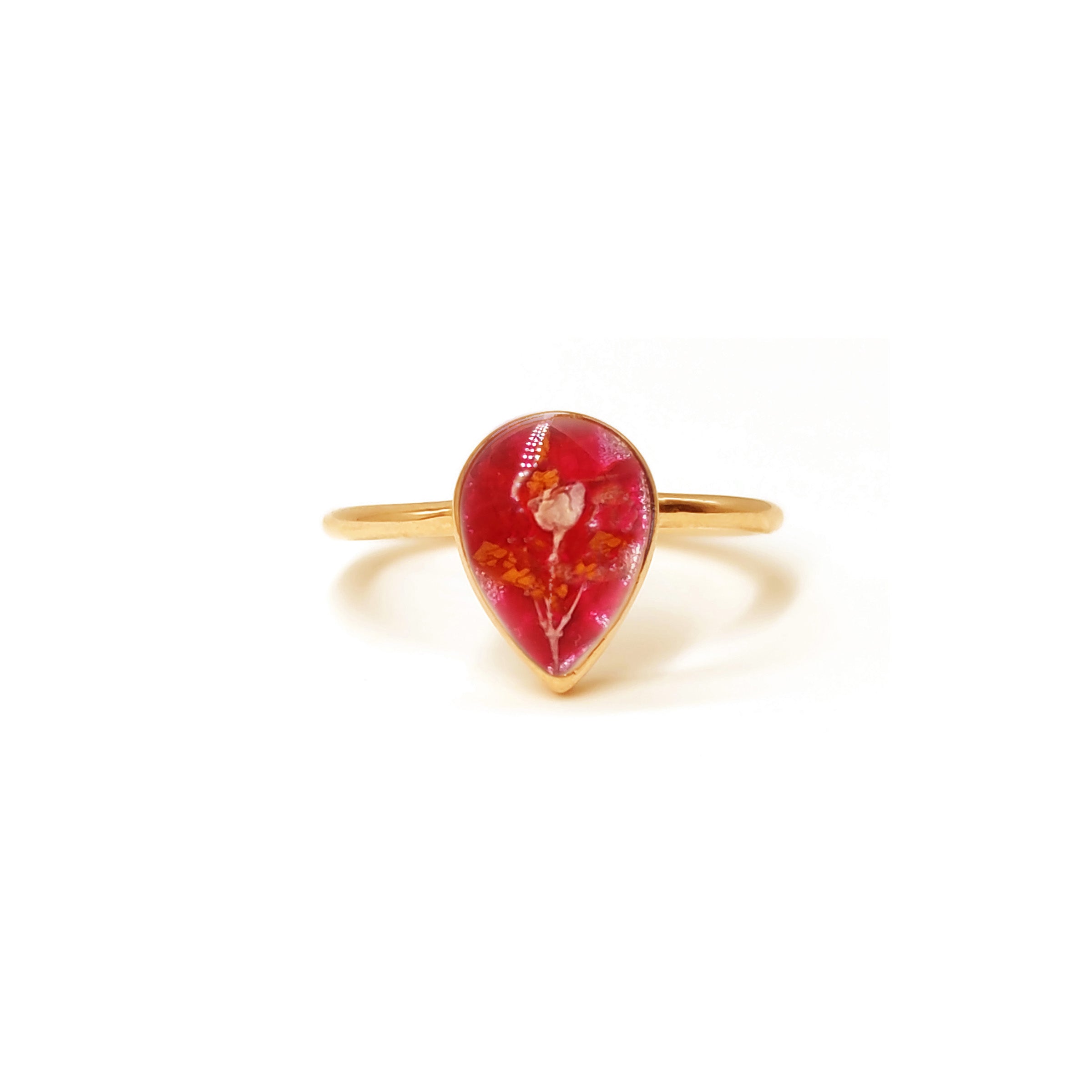 Solid Gold Teardrop Ring with Dried Wedding or Funeral Flowers - Elegant Memorial Jewelry for Remembrance and Special Occasions