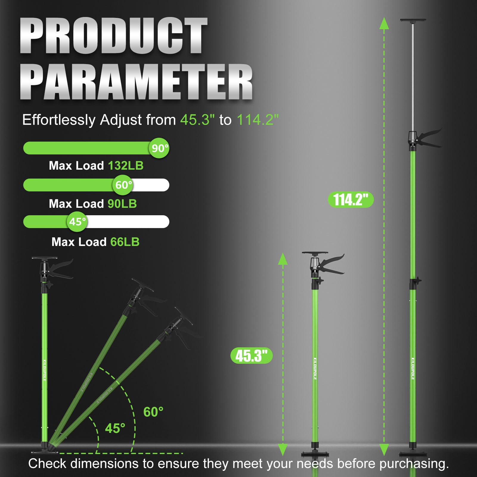 Heavy Duty Steel Telescopic Cabinet Jack Support Pole - 45.3 to 114.2 Inches Adjustable Quick Support Rod - 132 LB Capacity Drywall Jack & Cargo Bars (2-Pack) - Perfect for Home Renovation, Construction Support, and Vehicle Cargo Securing