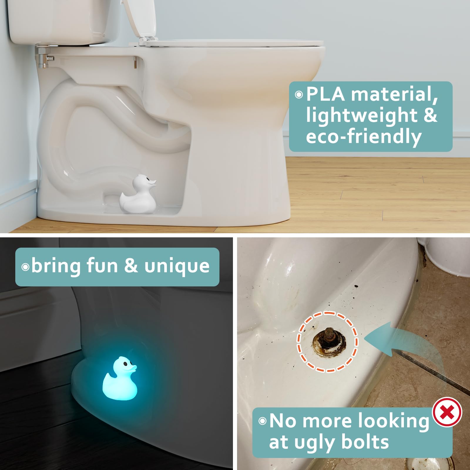 Glow in The Dark Toilet Bolt Covers - 2PCs Luminous Blue PLA Duck Floor Bolt Caps, Rust Proof Bathroom Decor Accessories | Perfect for Nighttime Bathroom Safety & Cute Home Decor