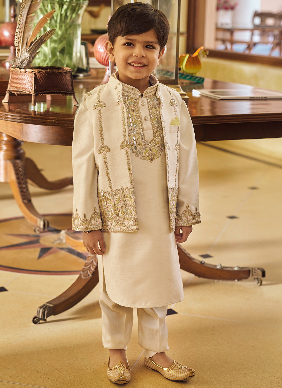 Kids Cream and Gold Embroidered Jacket Set - Elegant Formal Wear for Special Occasions | Perfect for Weddings, Parties & Family Photos