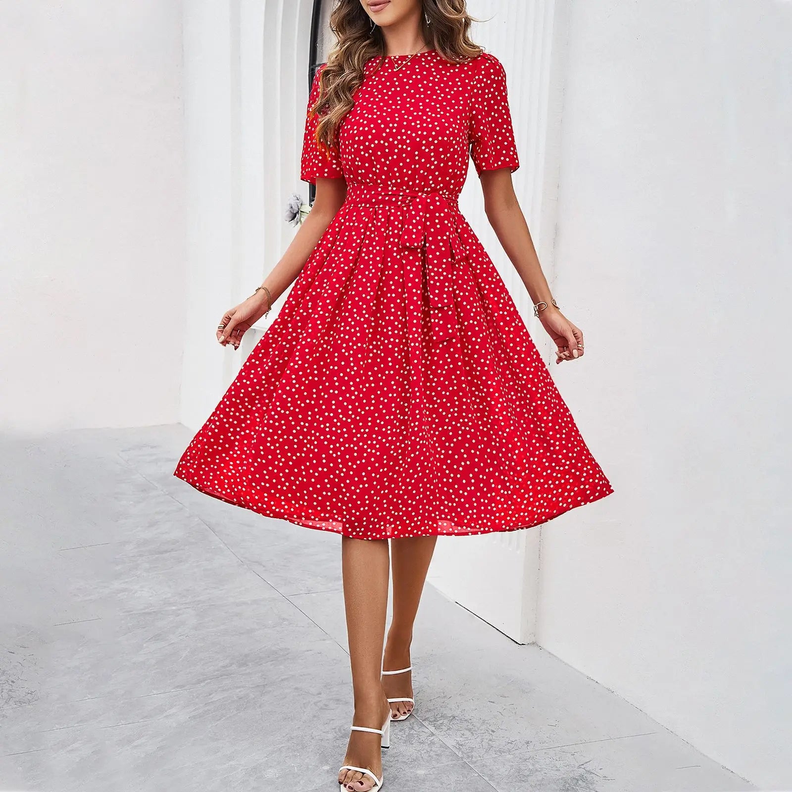 Elegant Women's Lace-Up Polo Dress - Short Sleeve Casual Dot Print Dress for Office & Summer 2024 | Perfect for Workwear, Business Casual & Spring Outfits