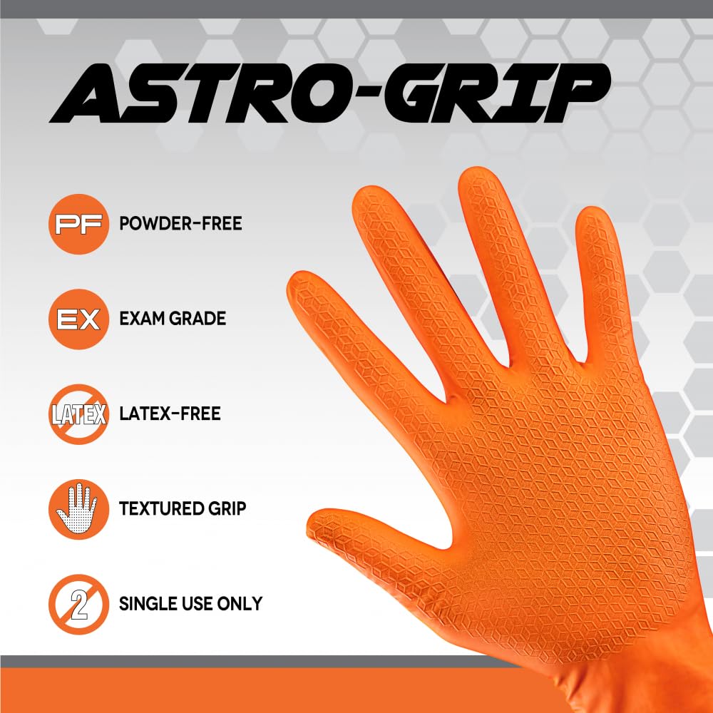 SAS Astro-Grip Powder-Free Exam Grade Nitrile Disposable Gloves - 10 Boxes (100 Gloves Each), Orange, 7 Mil - Ideal for Medical, Dental, Laboratory & Food Handling Safety