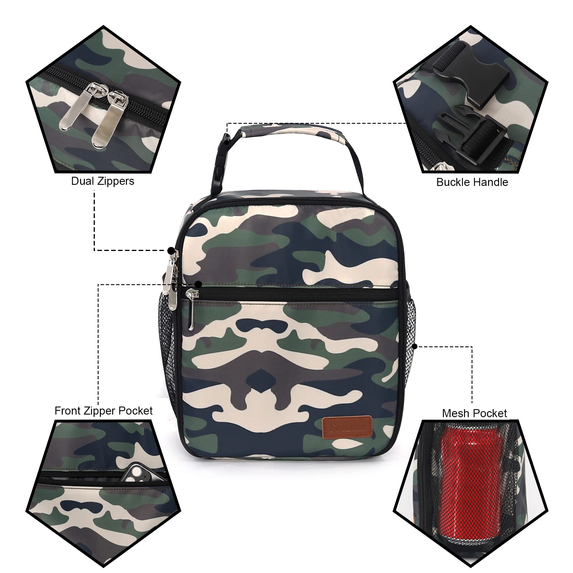 Portable Insulated Lunch Box for Men & Women - Reusable Small Lunch Bag for Office, Work, Picnic - Camouflage Design - Perfect for Meal Prep, School, Travel & Outdoor Activities
