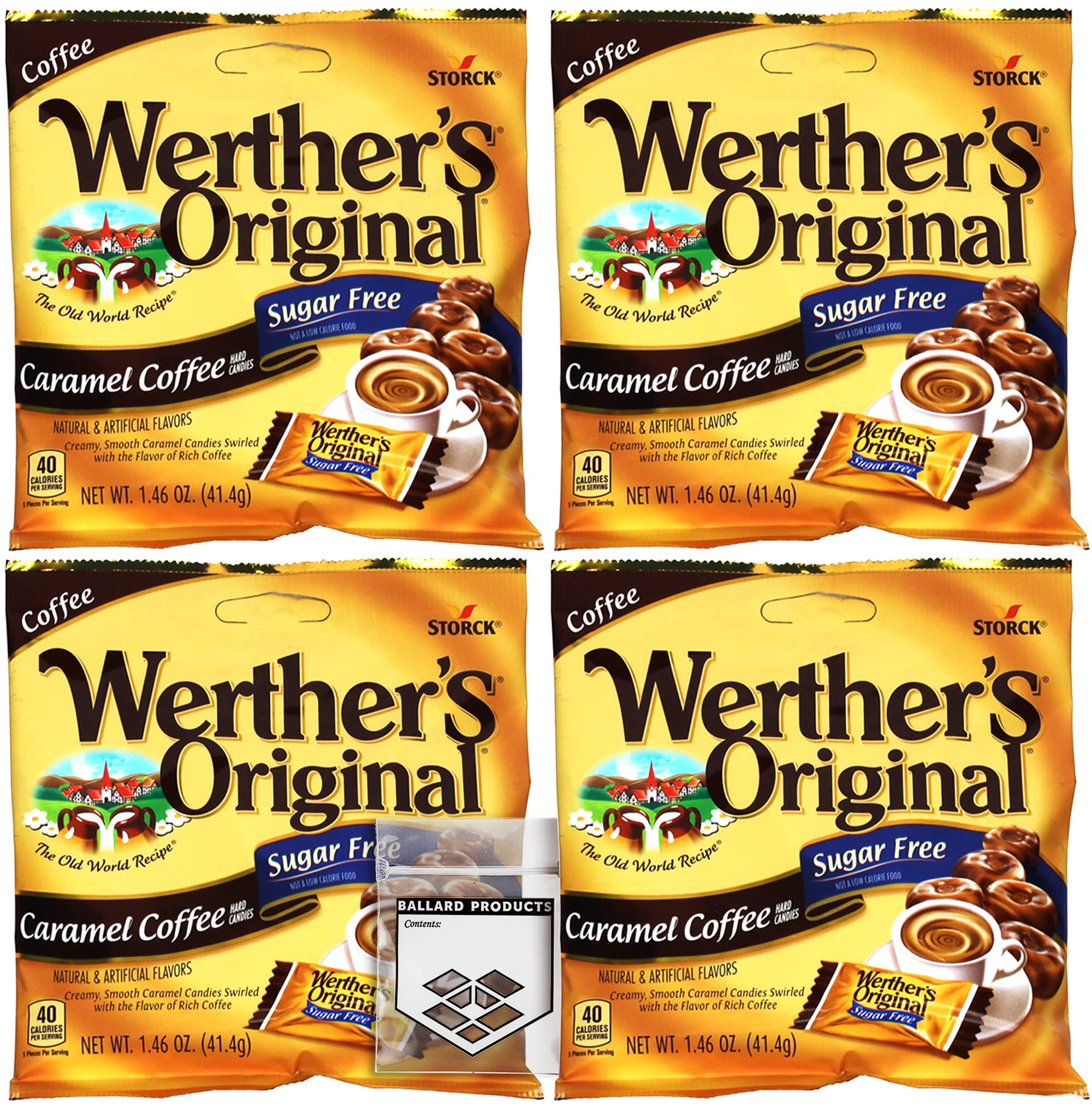 Sugar Free Coffee Hard Candy by Werthers - 4 Pack Caramel Coffee Hard Candies (1.46oz Each) | Diabetic Friendly, Low Carb, Keto Snacks | Perfect for Office, Travel & Gift Giving | Bundle Includes Ballard Products Pocket Bag