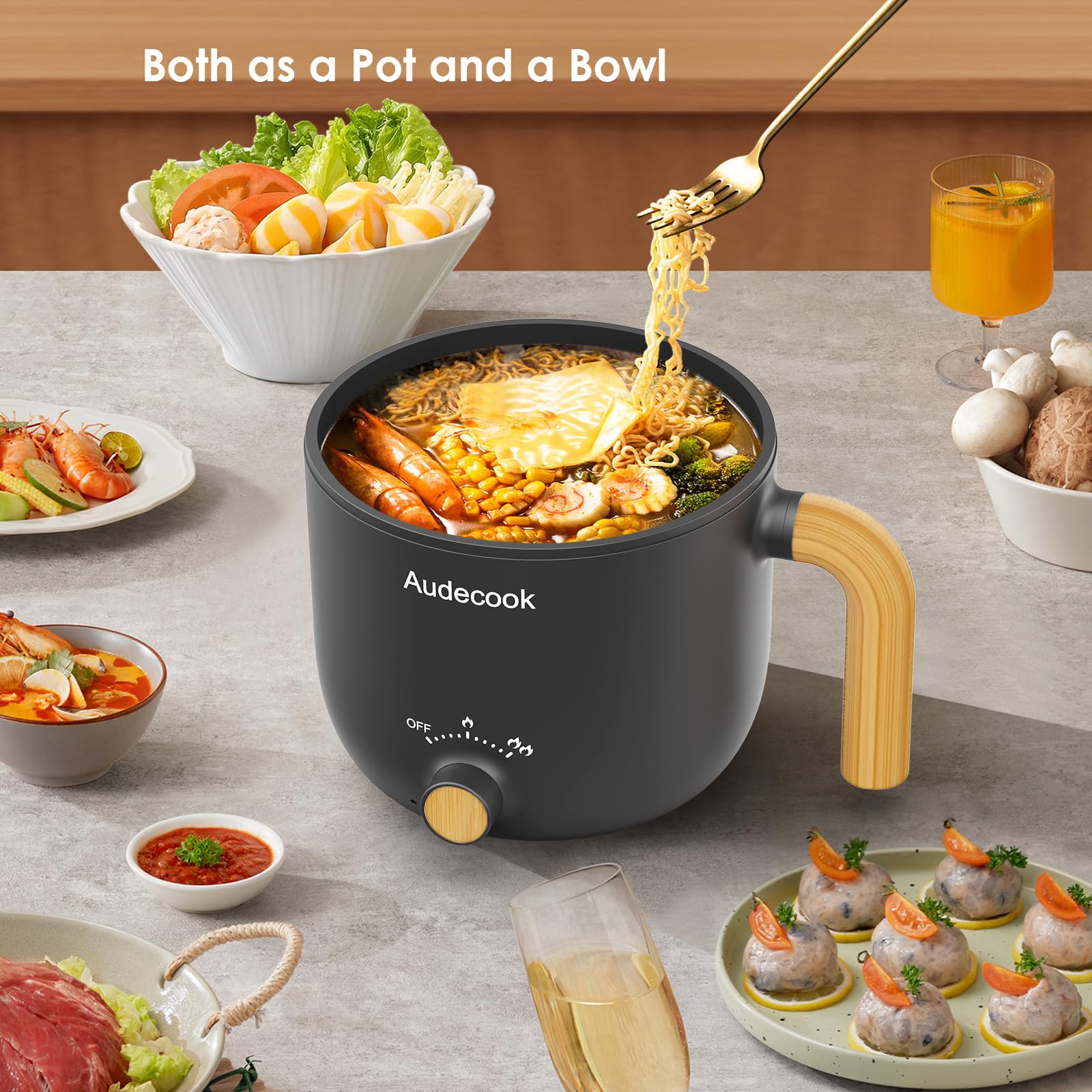 **Audecook 1.5L Electric Hot Pot with Steamer - Portable Nonstick Noodle Cooker, Dual Power Control for Pasta, Soup, Steak, Eggs & Oatmeal - Perfect for Travel, Dorm, Office & Small Kitchens (Black)**