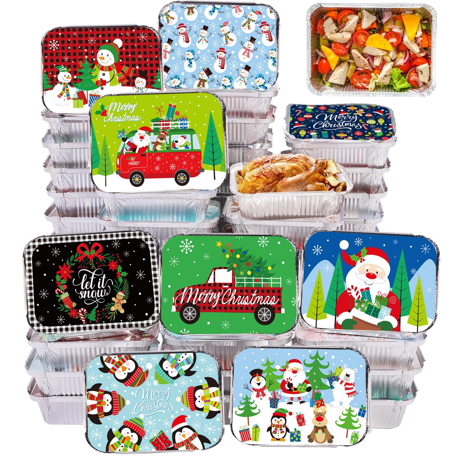 50Pcs Christmas Cookie Tins - Aluminum Food Storage Containers with Lids & Holiday Cardboard Covers | Disposable 7.3x5.3 Inch Baking Pans for Cooking, Heating, Roasting | Perfect for Holiday Baking, Party Favors, Gift Packaging & Christmas Cookie Exchange