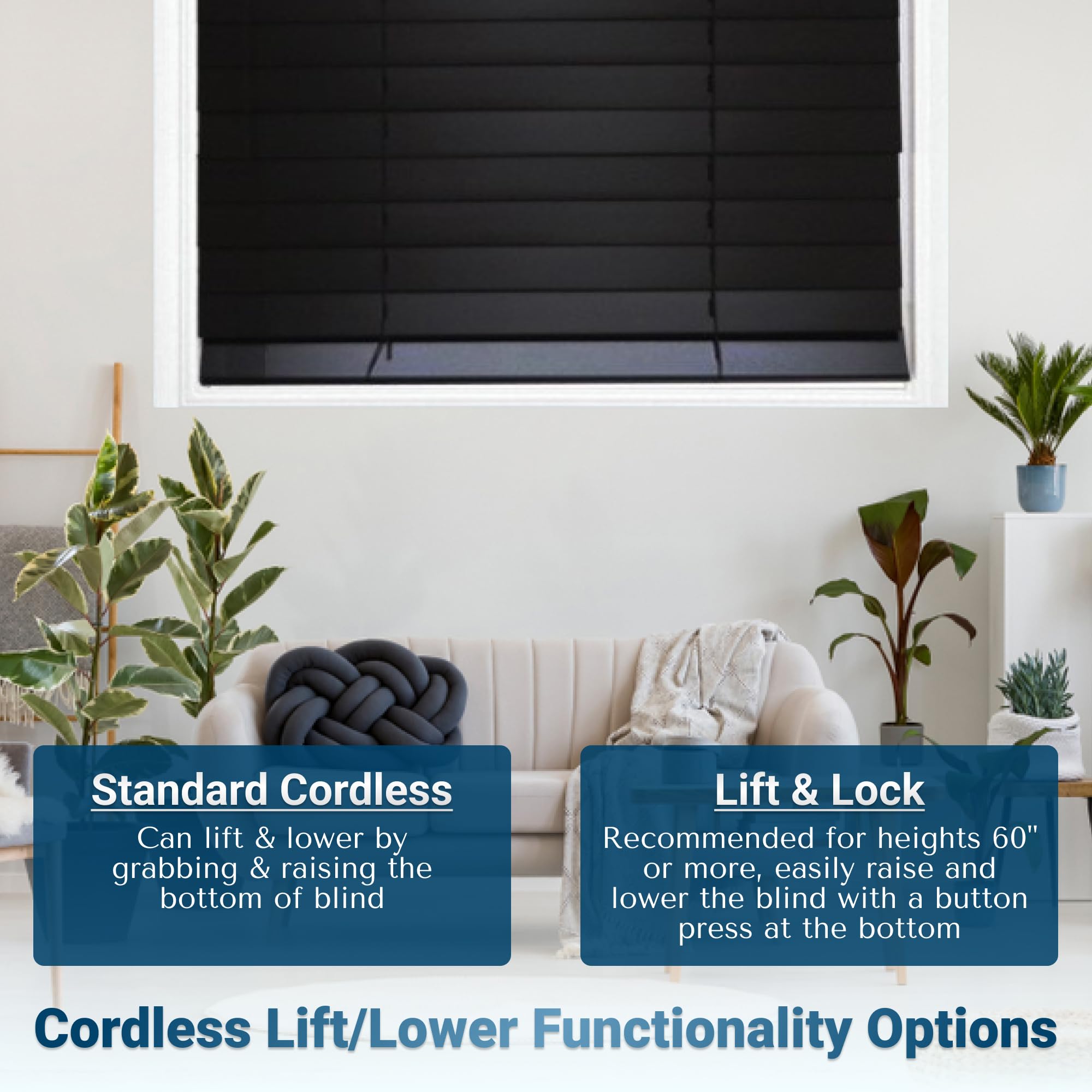 Customizable 2 Inch Wood Horizontal Cordless Window Blinds - Black - Inside/Outside Mount - Perfect for Living Room, Bedroom & Home Office