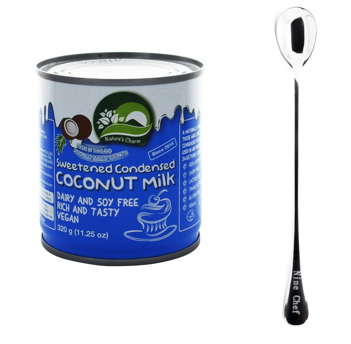 Organic Sweetened Condensed Coconut Milk by Nature's Charm - 2 Pack with Free NineChef Long Handle Spoon | Perfect for Baking, Coffee Creamer & Asian Desserts