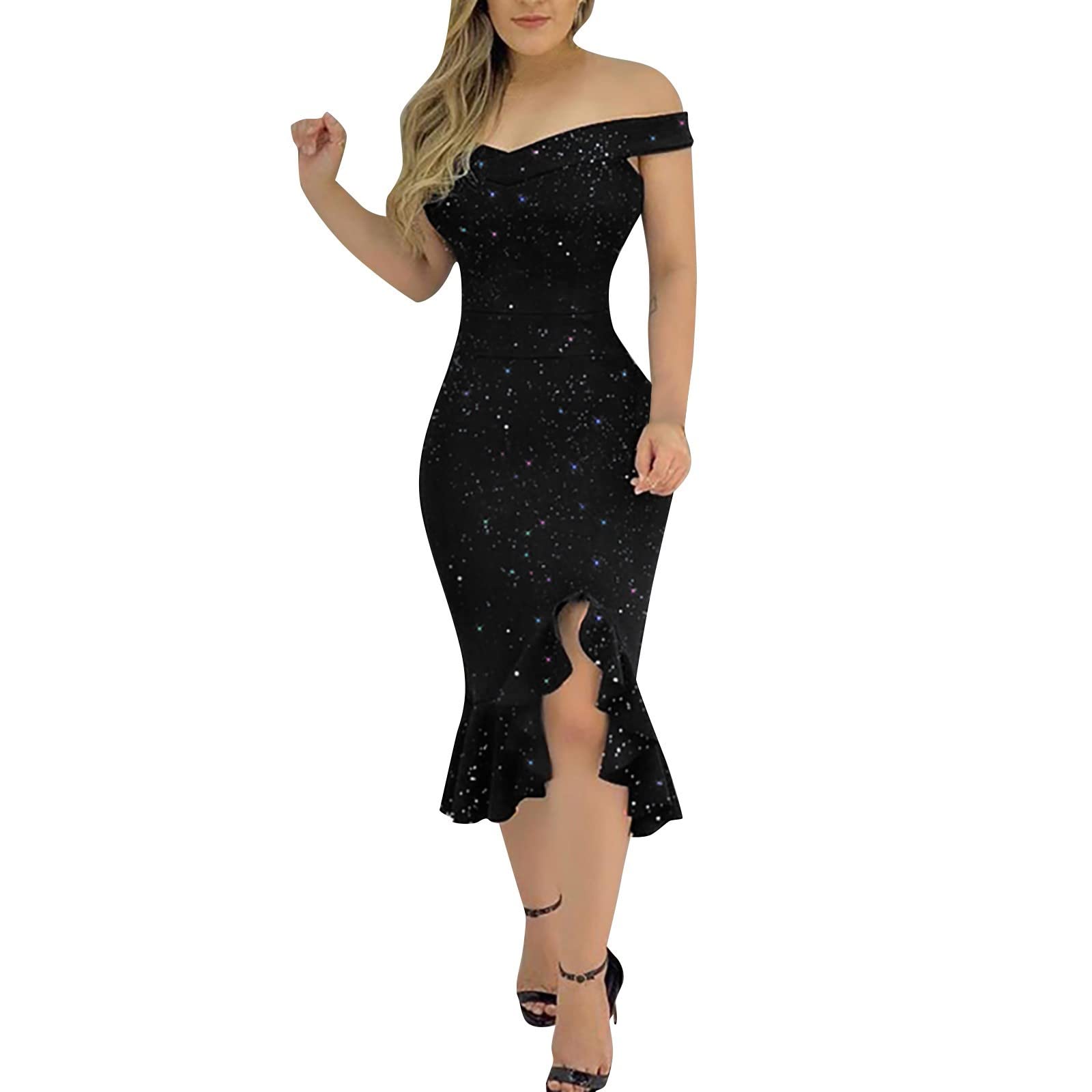 Sexy Off Shoulder Summer Dress for Women - Short Sleeve Sequin Ruffle Cocktail Dress with Unique Asymmetrical Hem | Perfect for Beach Parties, Date Nights & Club Outings