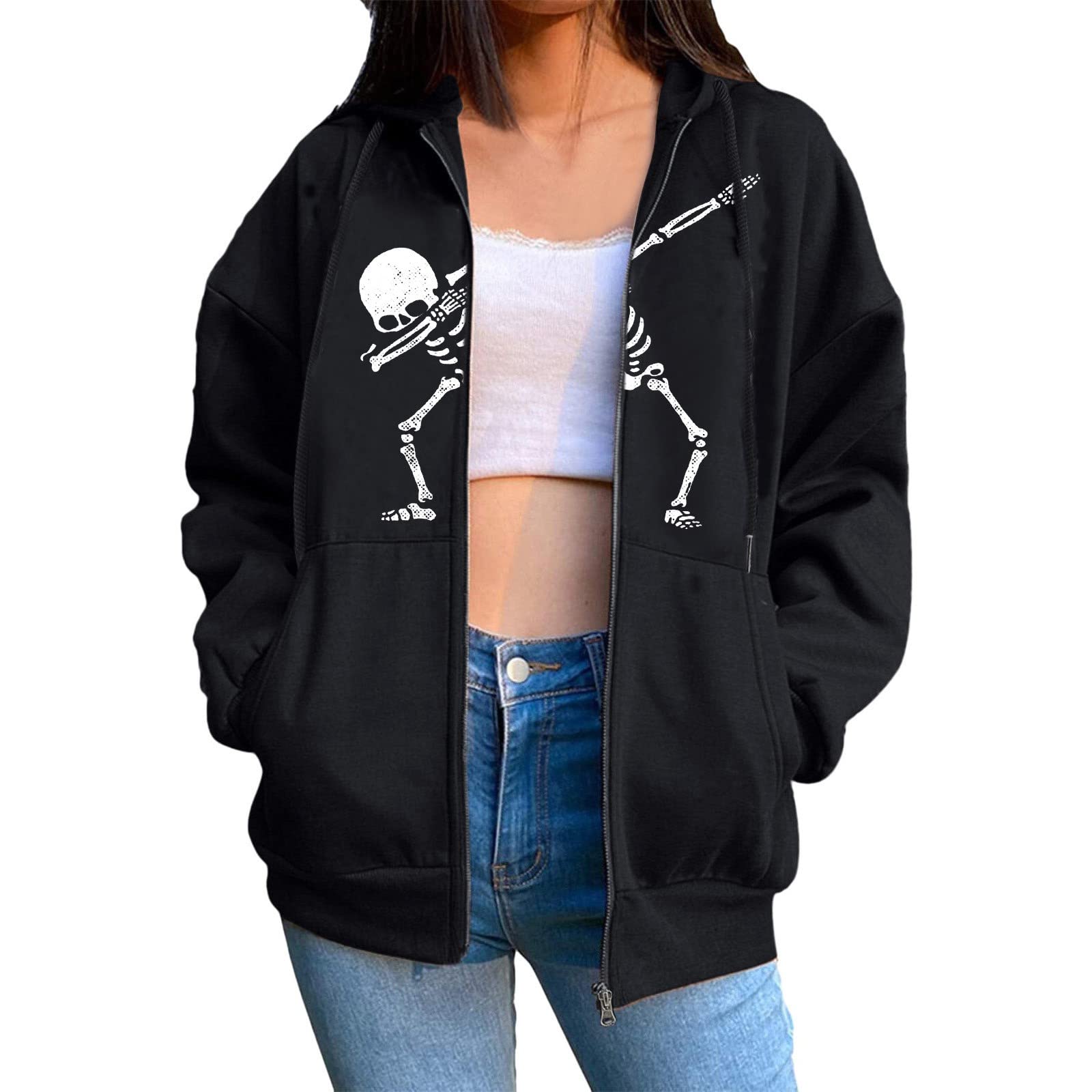 Women's Oversized Fleece Zip-Up Hoodie with Drawstring & Pockets - Soft Long Sleeve Sweatshirt for Casual Wear, Street Fashion & Winter Layering - Black