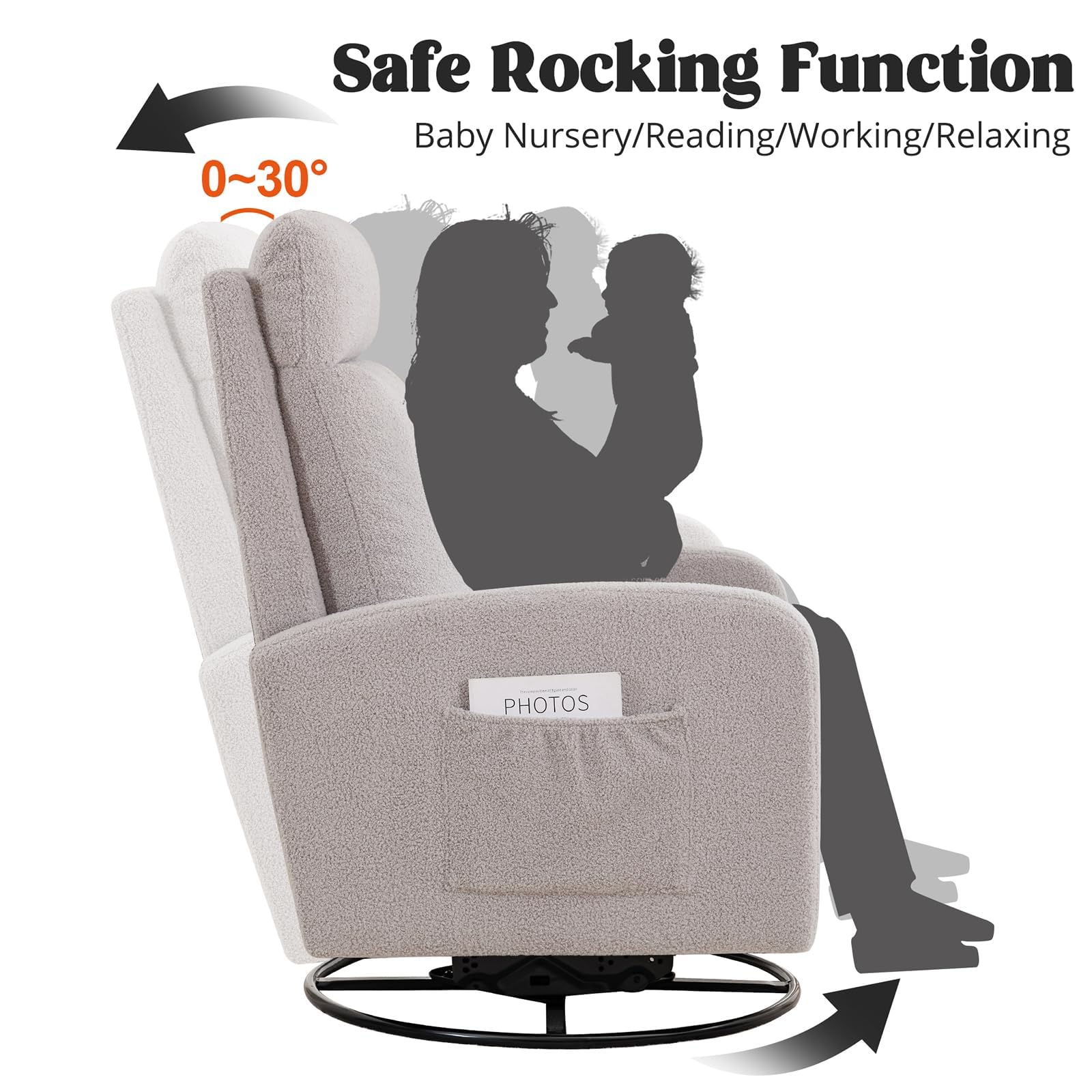 360° Swivel Glider Rocking Chair for Nursery - High Back Upholstered Nursing Chair with Side Pocket | Comfortable Rocker Recliner for Adults in Living Room, Bedroom & Reading Nook (Teddy Grey) - Perfect for Breastfeeding, Relaxing and Nursery Decor