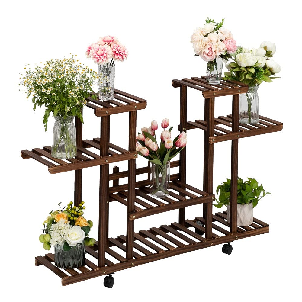 MEIXINPAI 4-Tier Wooden Plant Stand - 12-Seater Indoor/Outdoor Multi-Functional Carbonized Brown Shelf for Plants, Flowers & Decor - Perfect for Patio, Garden, Living Room & Balcony