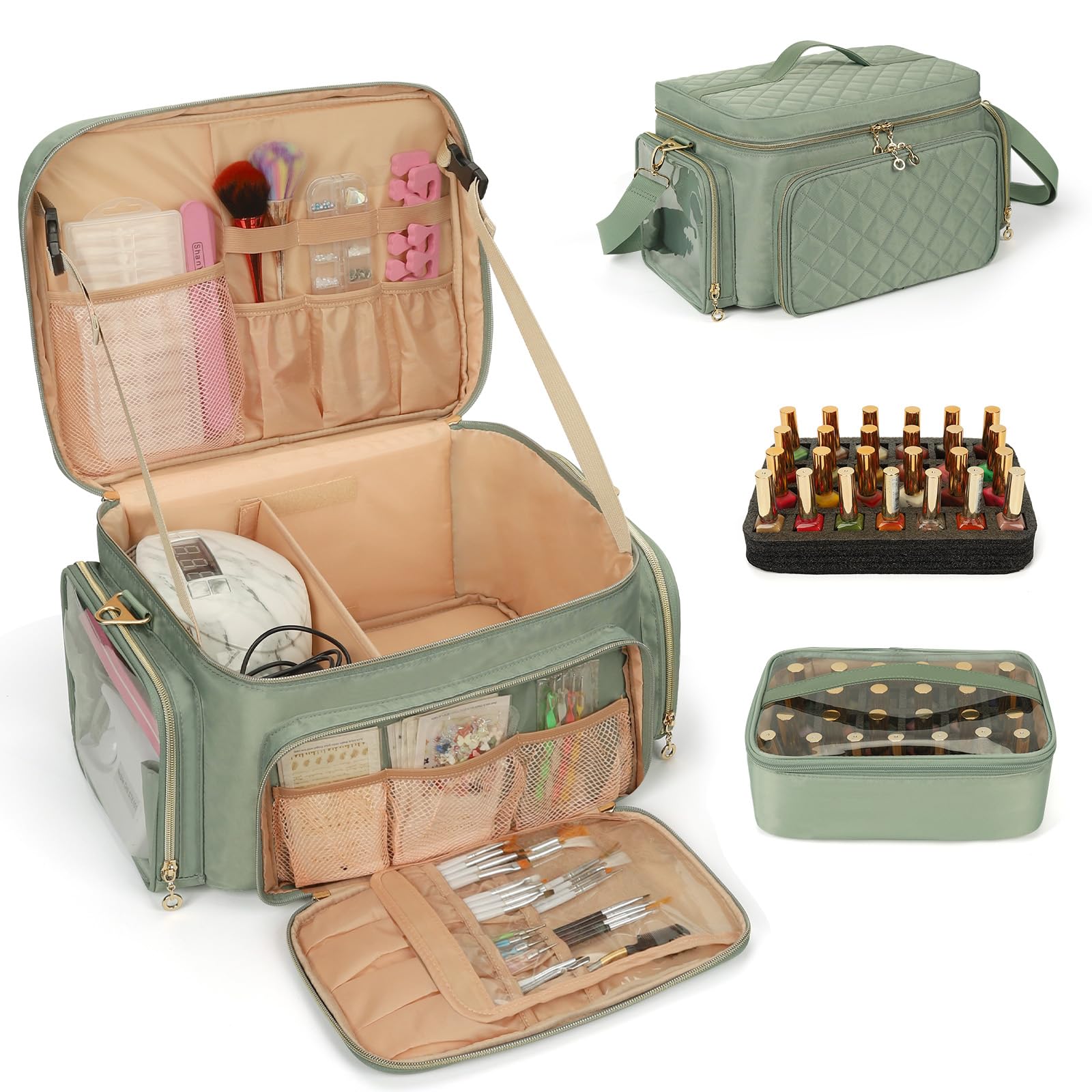 50-70 Bottle Nail Polish Organizer & Storage Case - Portable Travel Nail Kit for Manicurists & Nail Art Lovers - Fits Nail Polish, UV Lamp & Supplies - Perfect Gift for Girls & Professionals - Green (Ideal for Salon, Home Use & Travel)