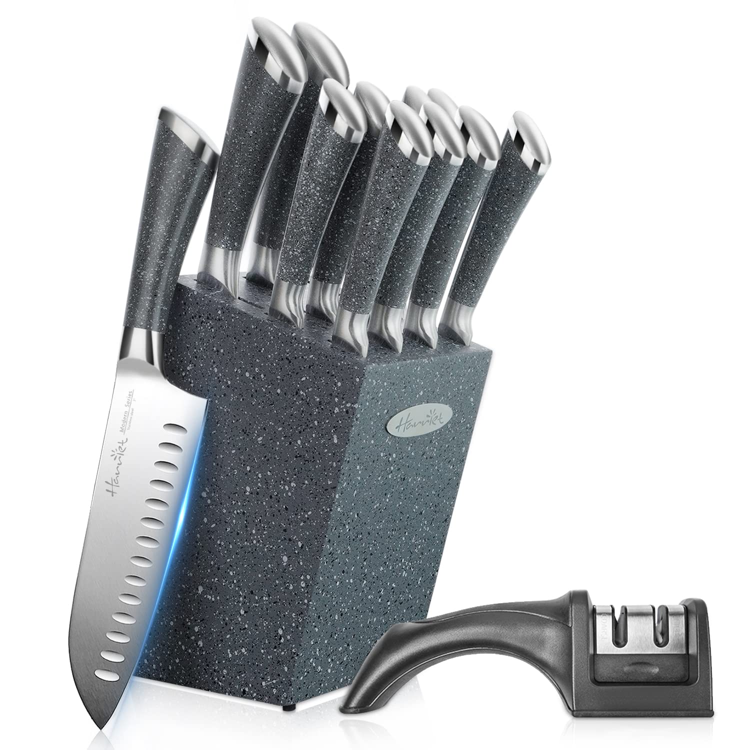 12-Piece Harriet Kitchen Knife Set with Wooden Block & Sharpener - High-Carbon Stainless Steel Chef Knives with Ergonomic Handles (Marble Color) - Perfect for Home Chefs, Wedding Gifts & New Housewarming