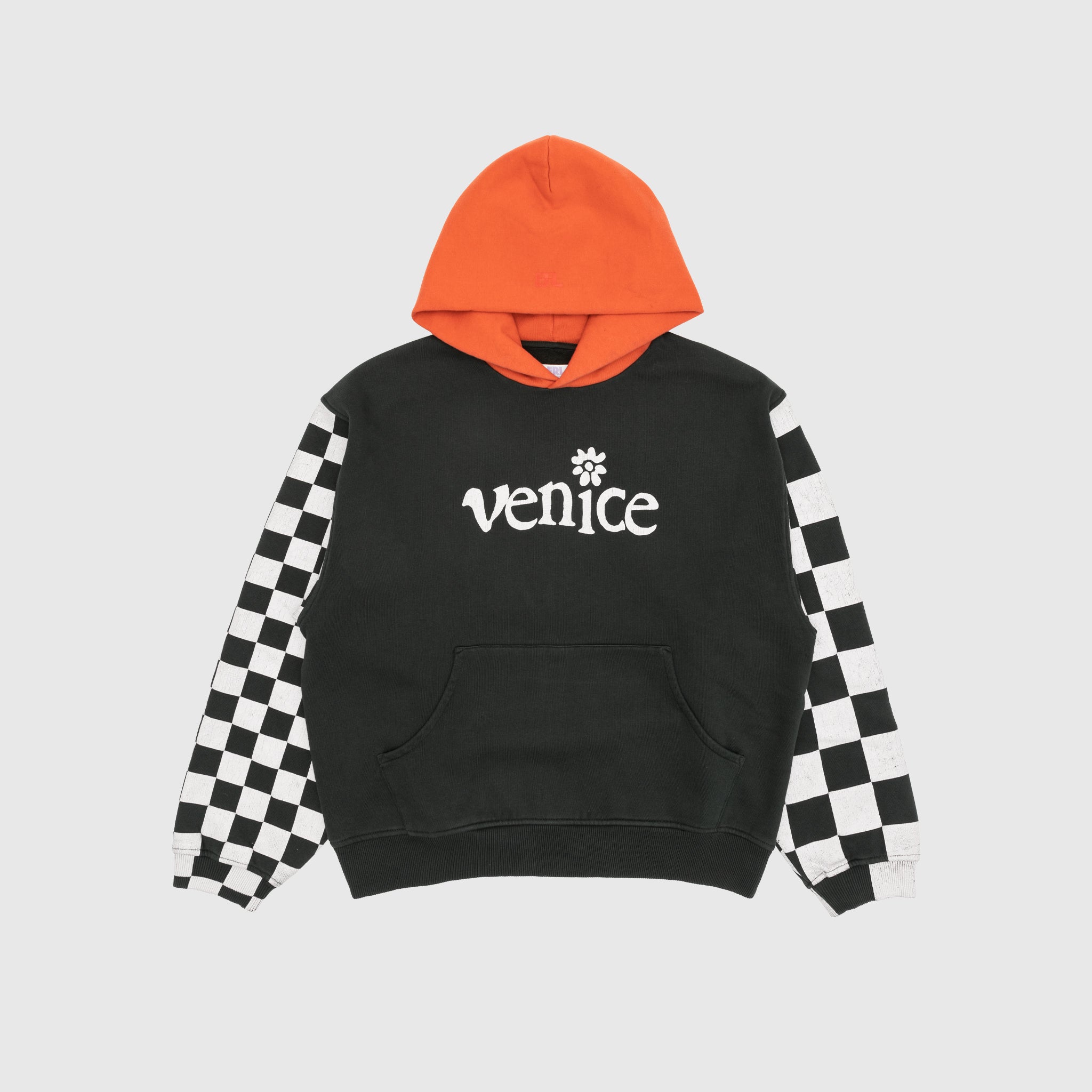VENICE CHECKER SLEEVE KNIT HOODIE - Stylish Women's Pullover Sweatshirt with Checkerboard Pattern | Perfect for Casual Wear, Street Fashion & Winter Layering