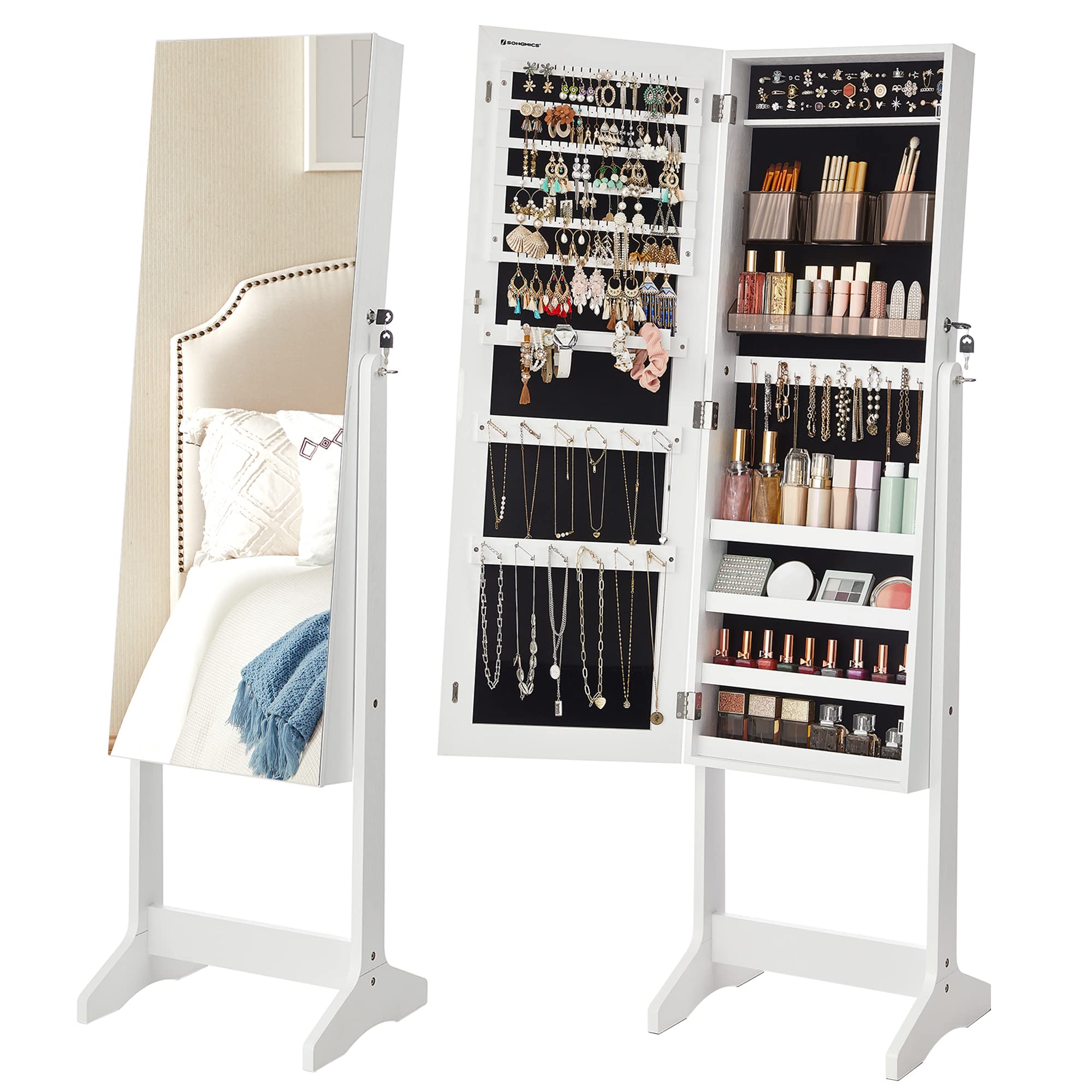 SONGMICS Jewelry Cabinet Armoire with Lock - Freestanding Jewelry Organizer with 2 Cosmetic Drawers & Full-Length Mirror - Necklace & Earring Storage - White UJJC002W01 - Perfect for Bedroom, Dressing Room & Closet Organization