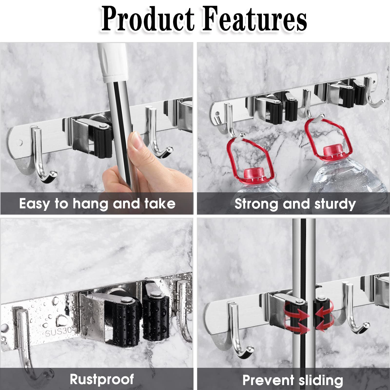 2-Pack Heavy Duty Stainless Steel Wall Mounted Broom and Mop Holder with 3 Hooks - Garage, Kitchen, Laundry Organizer - Self-Adhesive & Non-Slip Storage Rack for Home, Garden Tools - Space Saving Solution for Brooms, Mops, and Cleaning Supplies