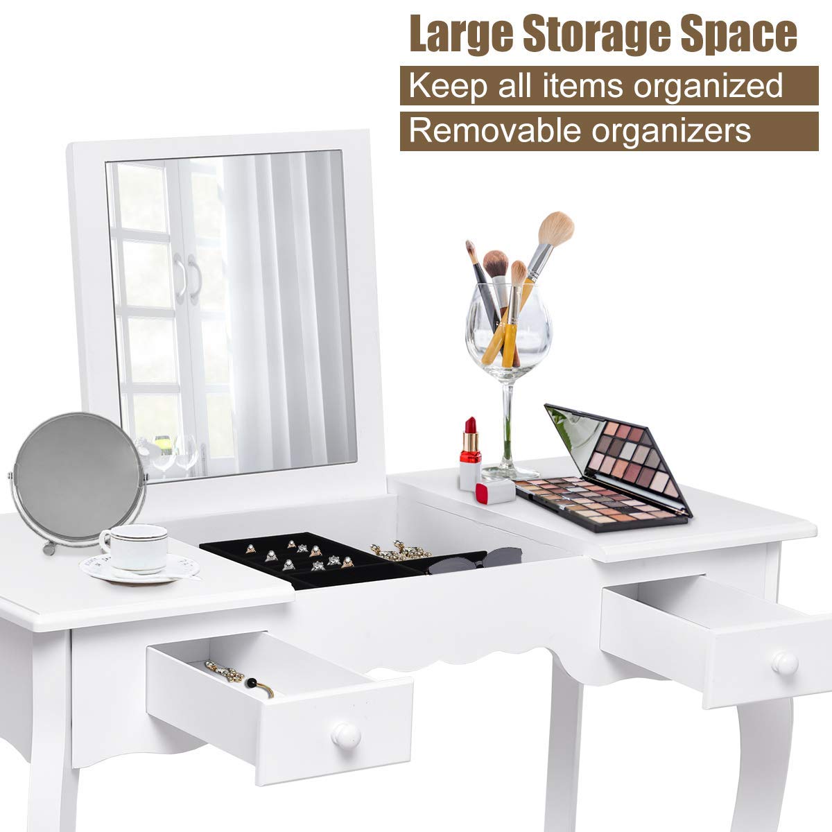 Dual Purpose Vanity Set with Mirror & Stool - MDF Makeup Desk for Daily Use