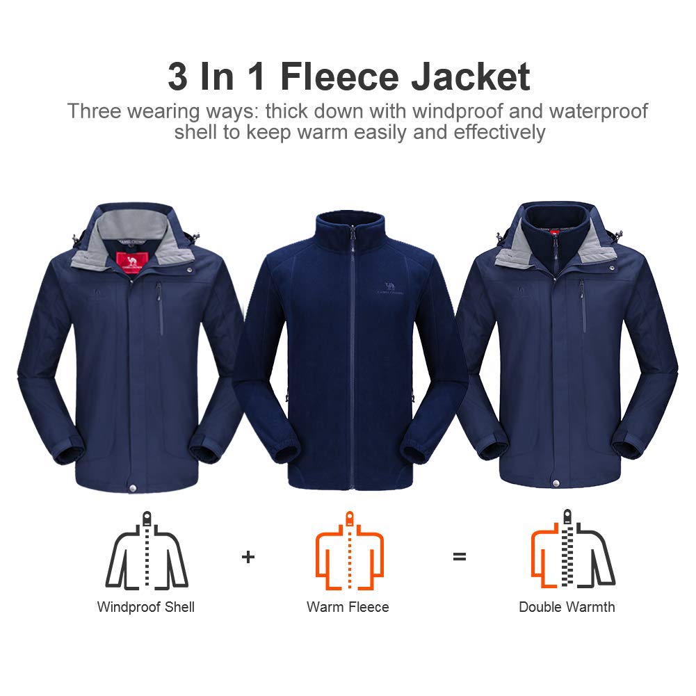 CAMEL CROWN Men's 3-in-1 Waterproof Ski Jacket - Windproof Winter Coat with Detachable Fleece Liner for Snowboarding, Hiking & Outdoor Activities