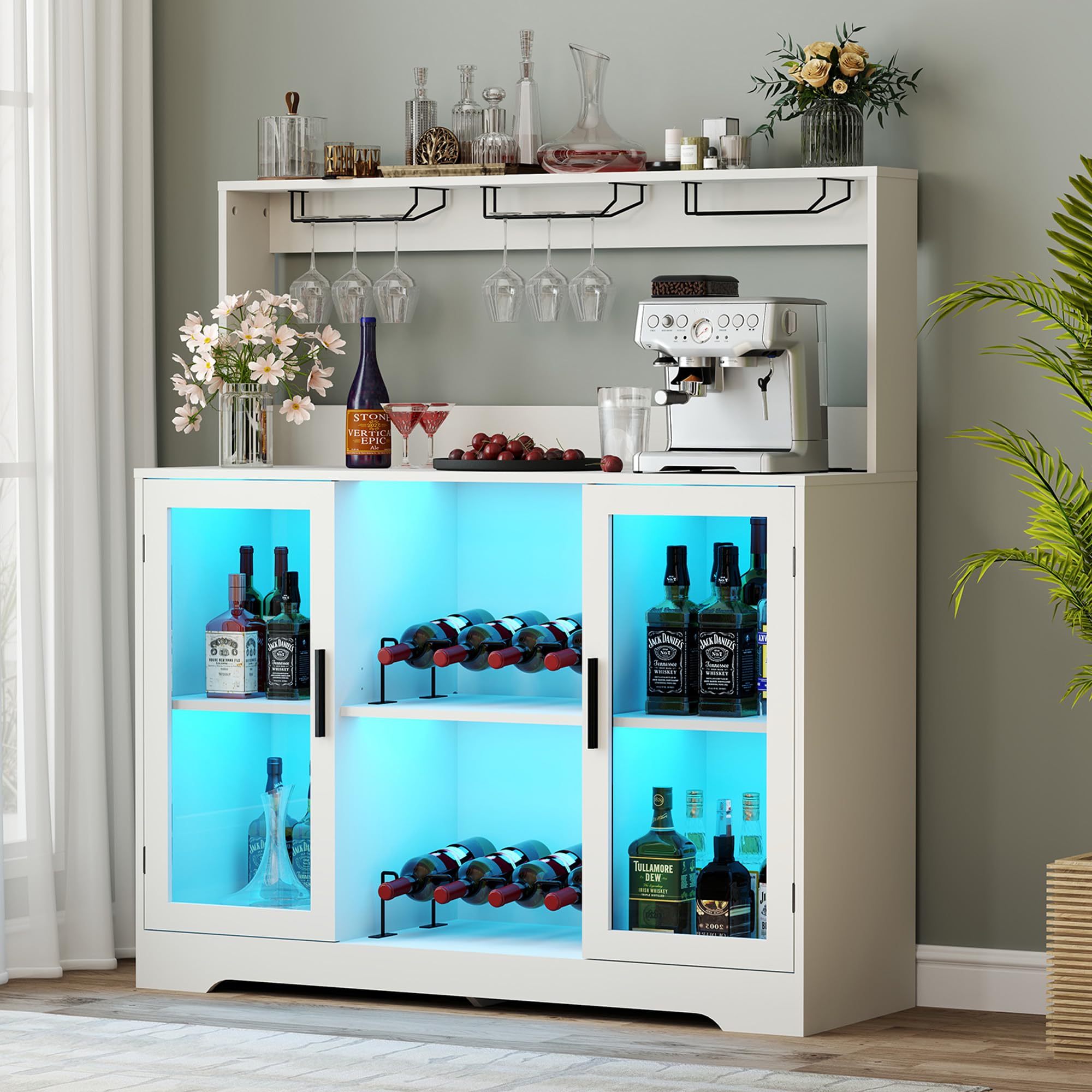 White Wine Bar Cabinet with LED Lights & Power Outlet - Home Liquor Storage Cabinet with Glasses Holder for Living Room, Dining Room & Home Bar - Perfect for Entertaining & Stylish Home Decor