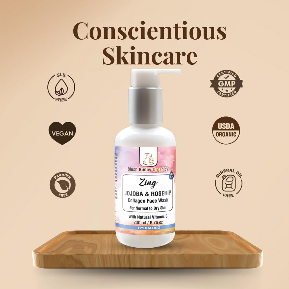 Blush Bunny Organics Natural Collagen Face Wash with Vitamin C - USDA Certified Hydrating Organic Facial Cleanser for Dry & Normal Skin | Vegan, Cruelty-Free, Pregnancy & Baby Safe | 200ml | Perfect for Morning & Night Skincare Routine, Travel-Friendly Size