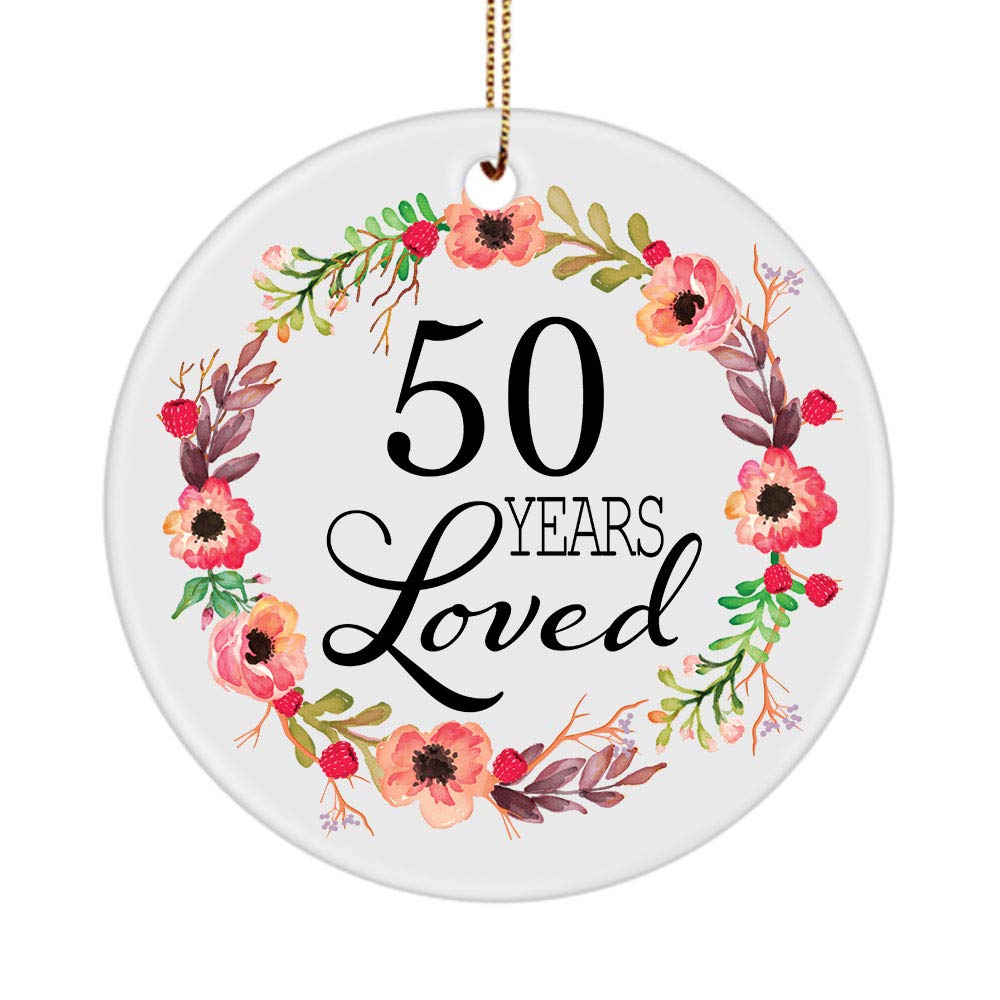 50th Birthday Christmas Ornament - 50 Years Loved - Ceramic Round Keepsake for Women Born in 1970 - Perfect 50 Year Old Party Decor & Gift for Her - Ideal for Holiday Tree Decorations, Milestone Celebrations & Special Memories