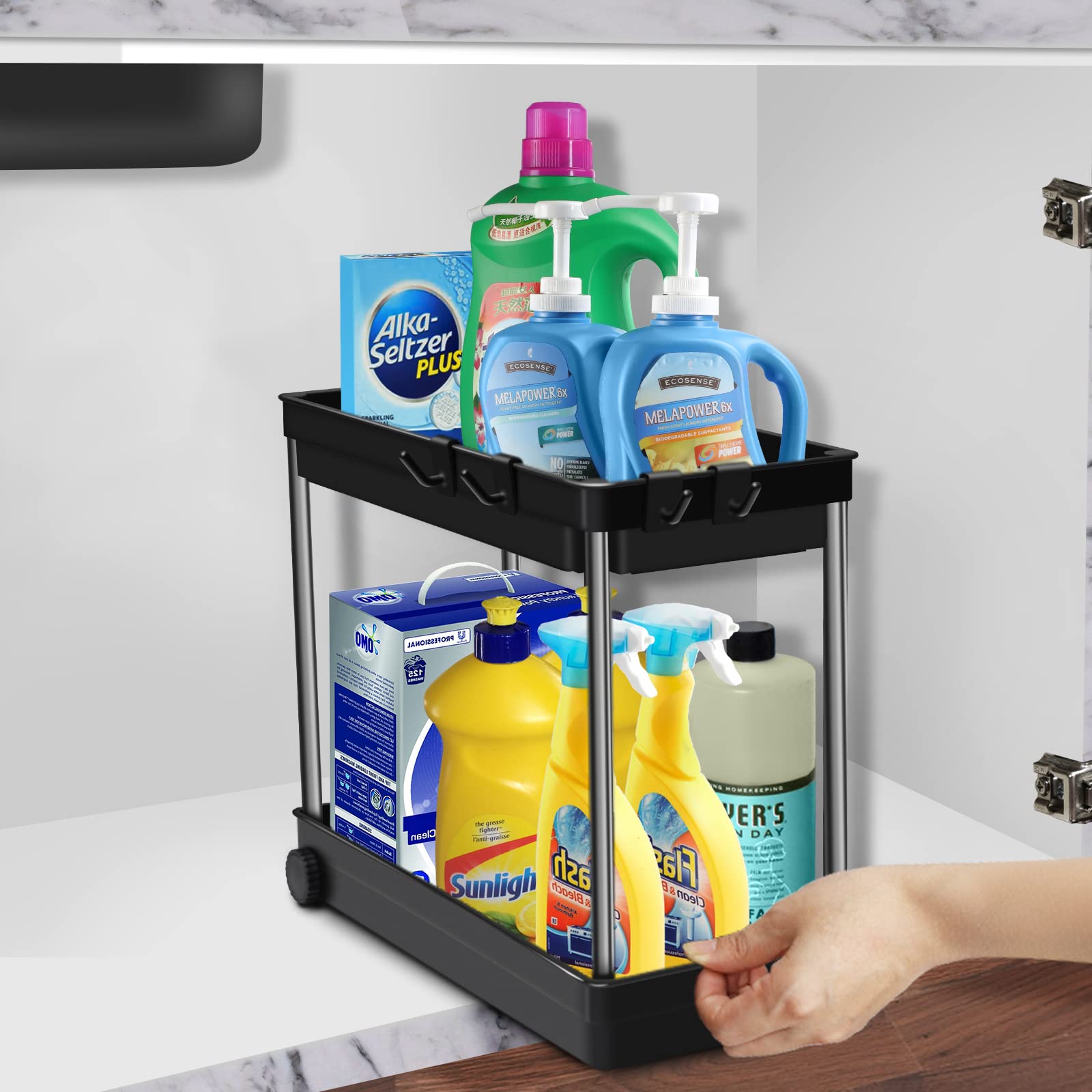 Upgraded 2-Tier Under Sink Organizer - Bathroom & Kitchen Storage Shelf for Countertop, Cabinet Space - Multi-Purpose Container Basket Caddy (1 Pack) - Perfect for Small Space Organization in Bathrooms, Kitchens & Laundry Rooms