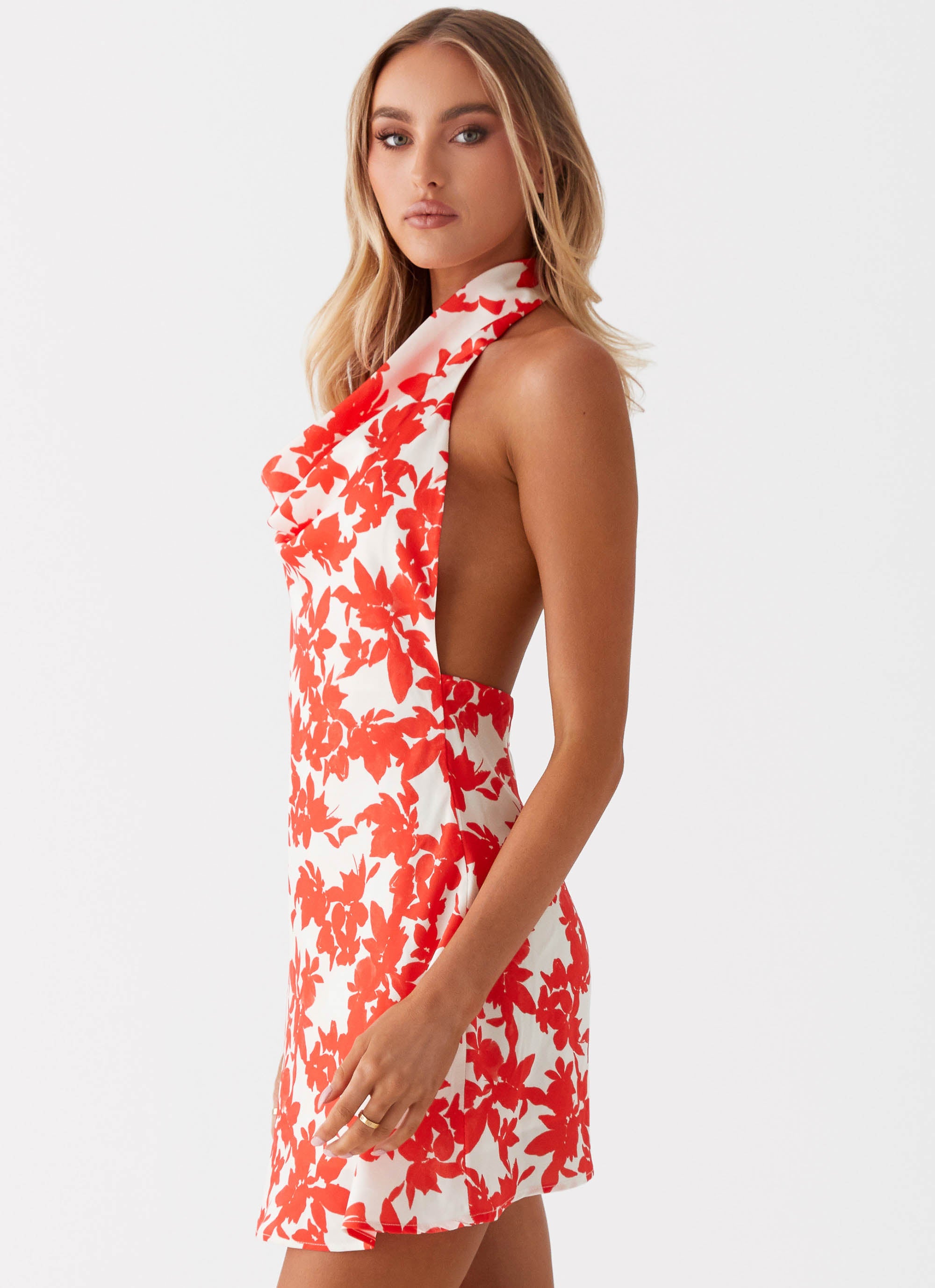 Carmine Bouquet Cowl Neck Mini Dress - Red Floral Print Women's Party Dress for Evening Events, Date Night & Special Occasions