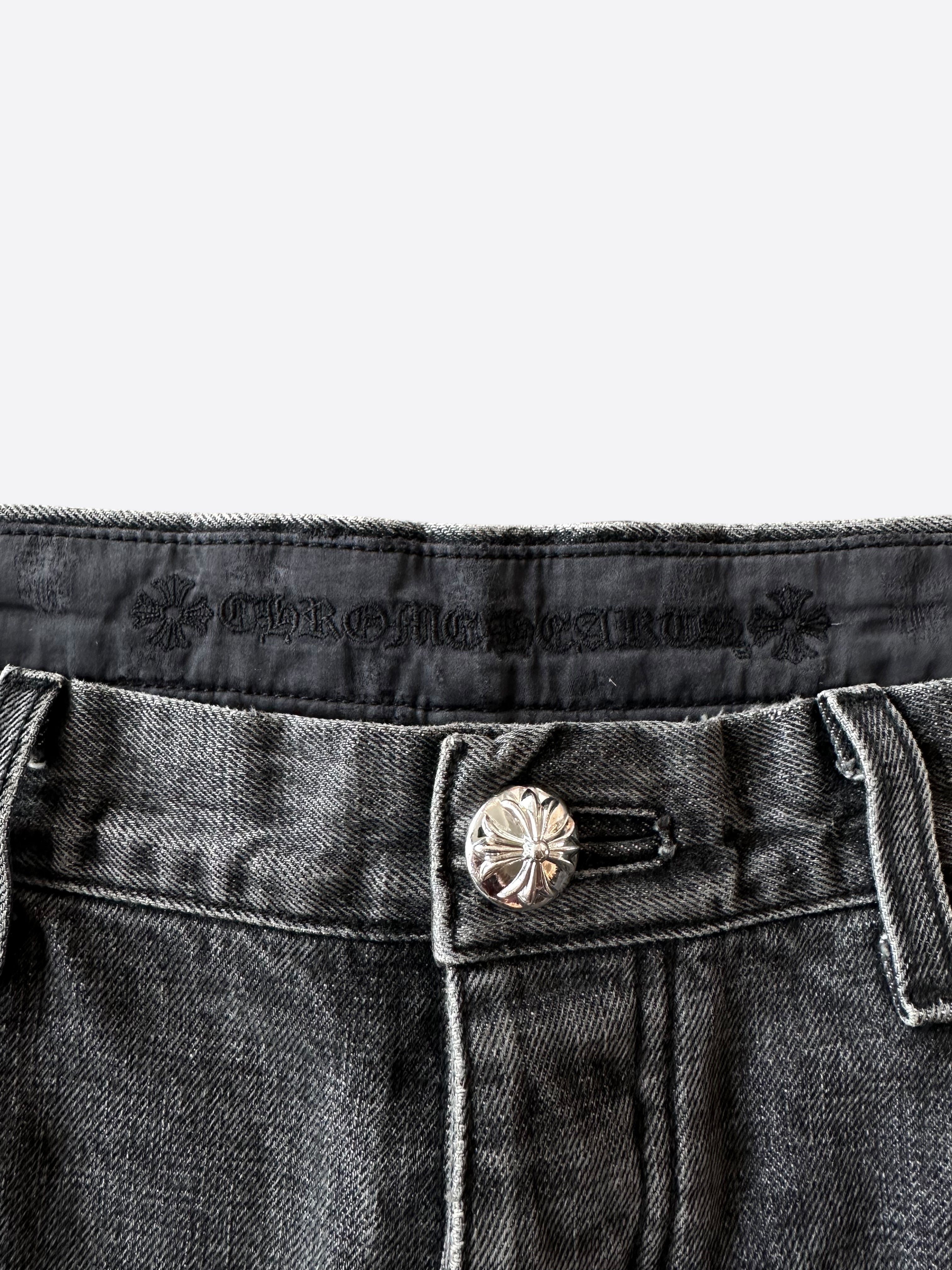 Chrome Hearts Grey Black & Red Cross Patch Jeans - Stylish Distressed Denim for Men & Women | Perfect for Casual Wear, Street Fashion & Rocker Style